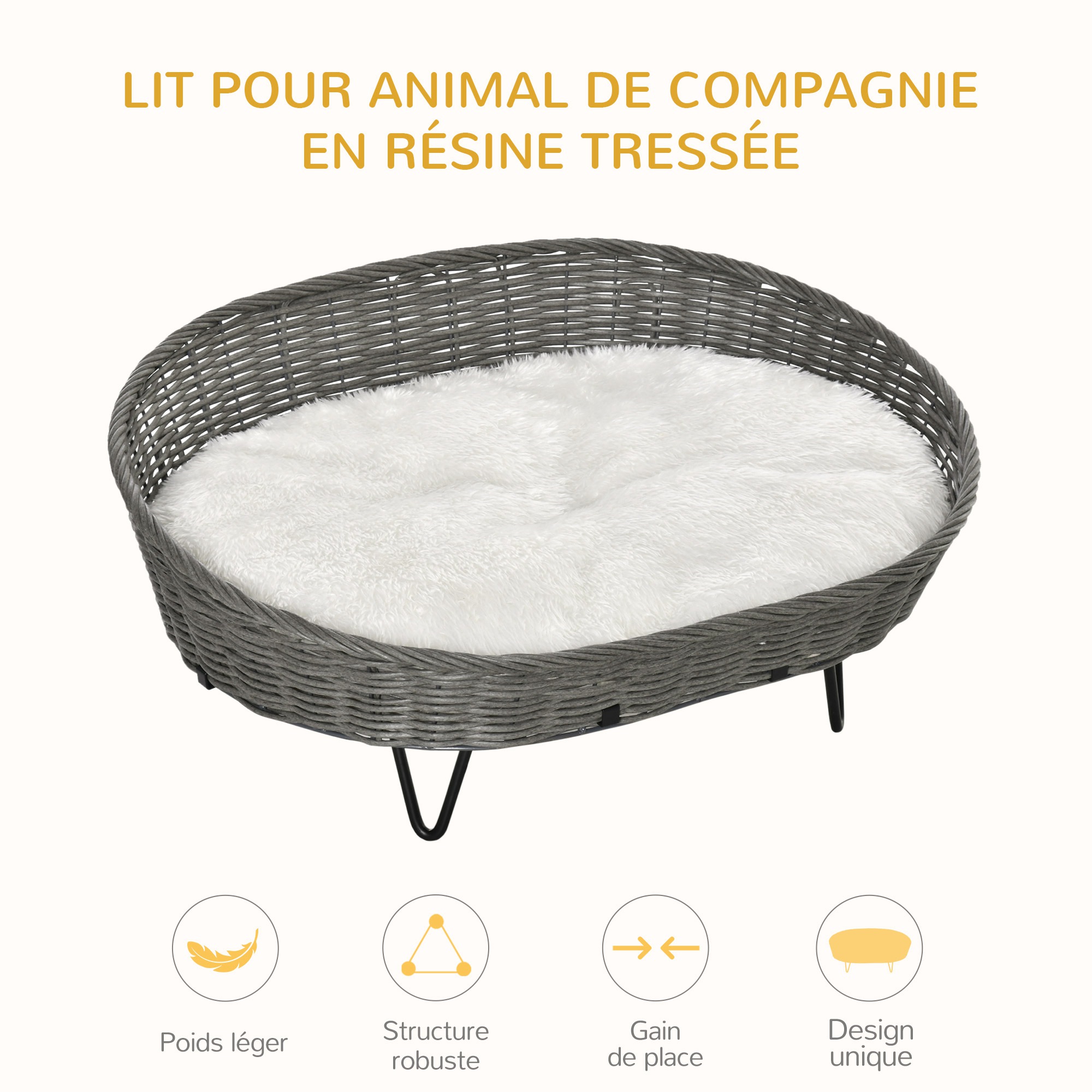 Canapé chien chat style cosy chic résine tressée grise coussin fourrure blanc