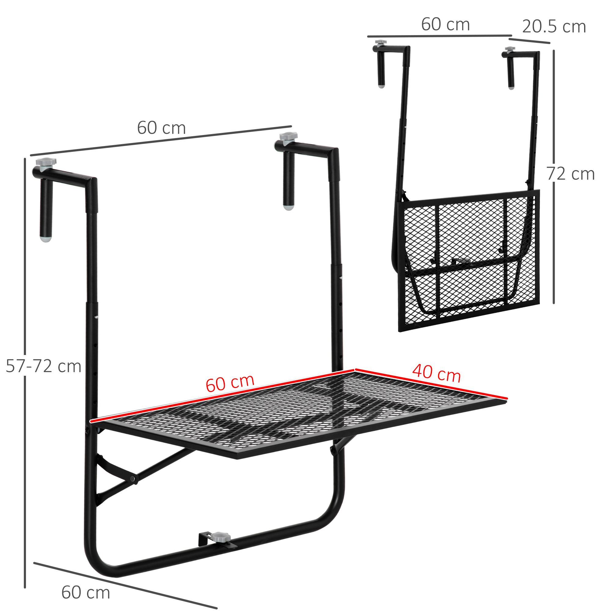 Table suspendue pliable de balcon hauteur réglable métal époxy noir