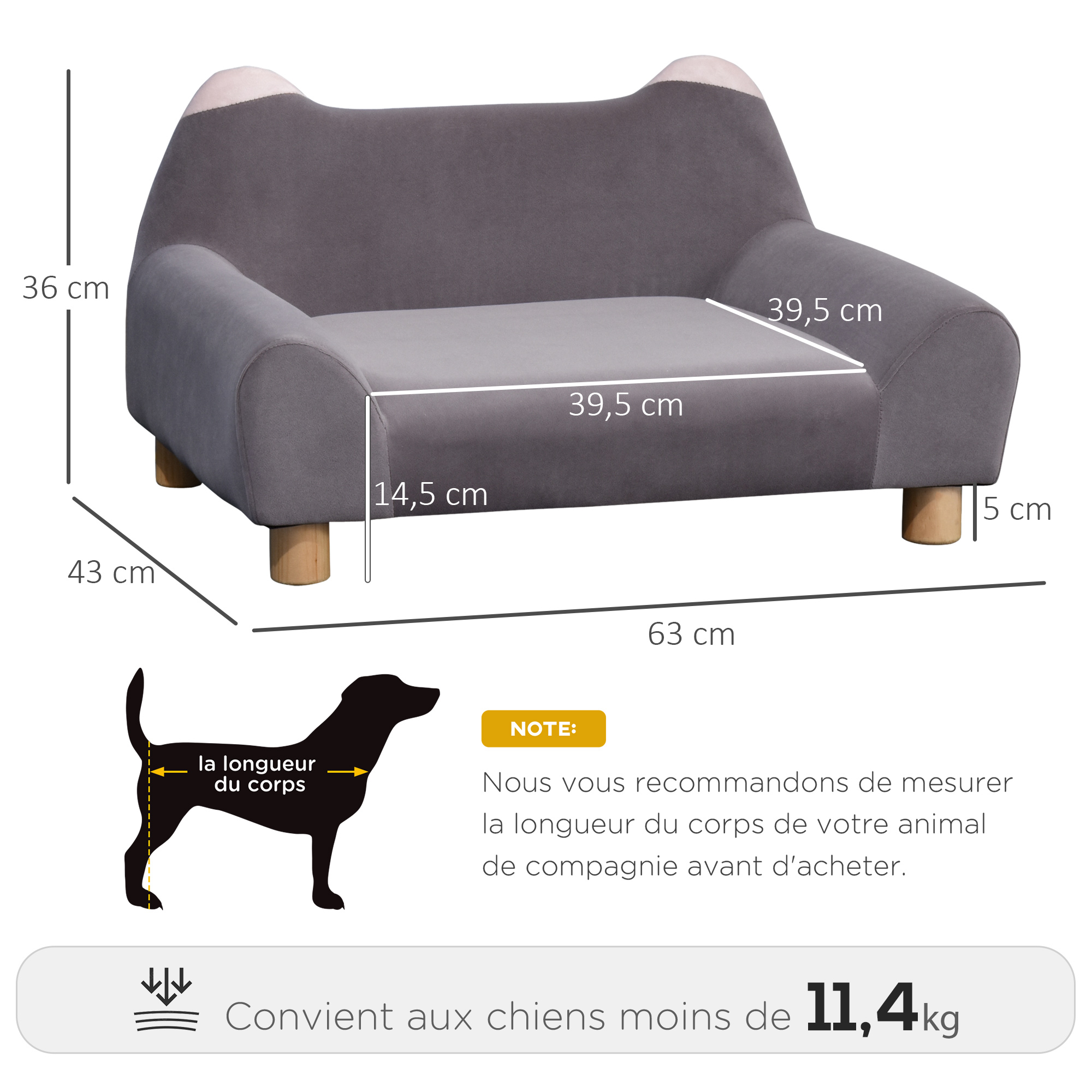 Lit canapé chien chat design dossier oreilles velours gris