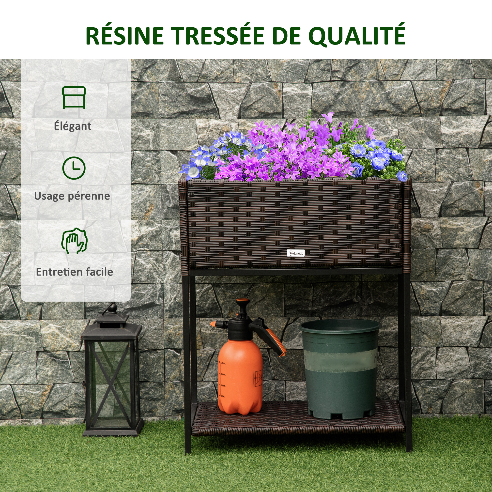 Jardinière sur pieds avec étagère résine tressée