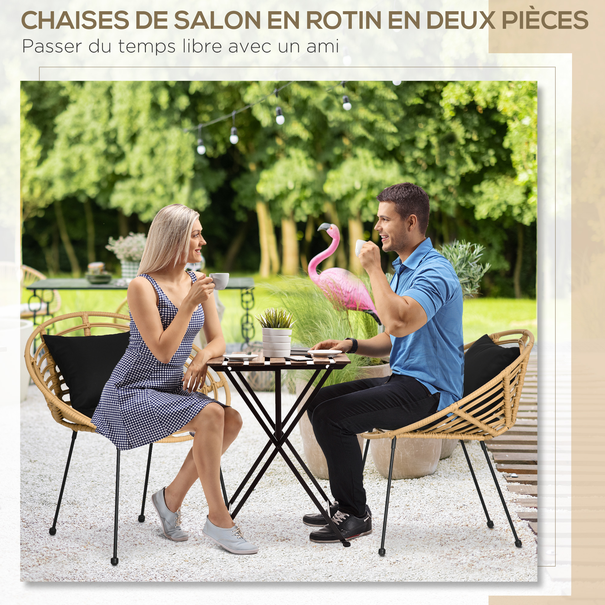 Lot de 2 chaises de jardin style colonial avec coussins aspect rotin