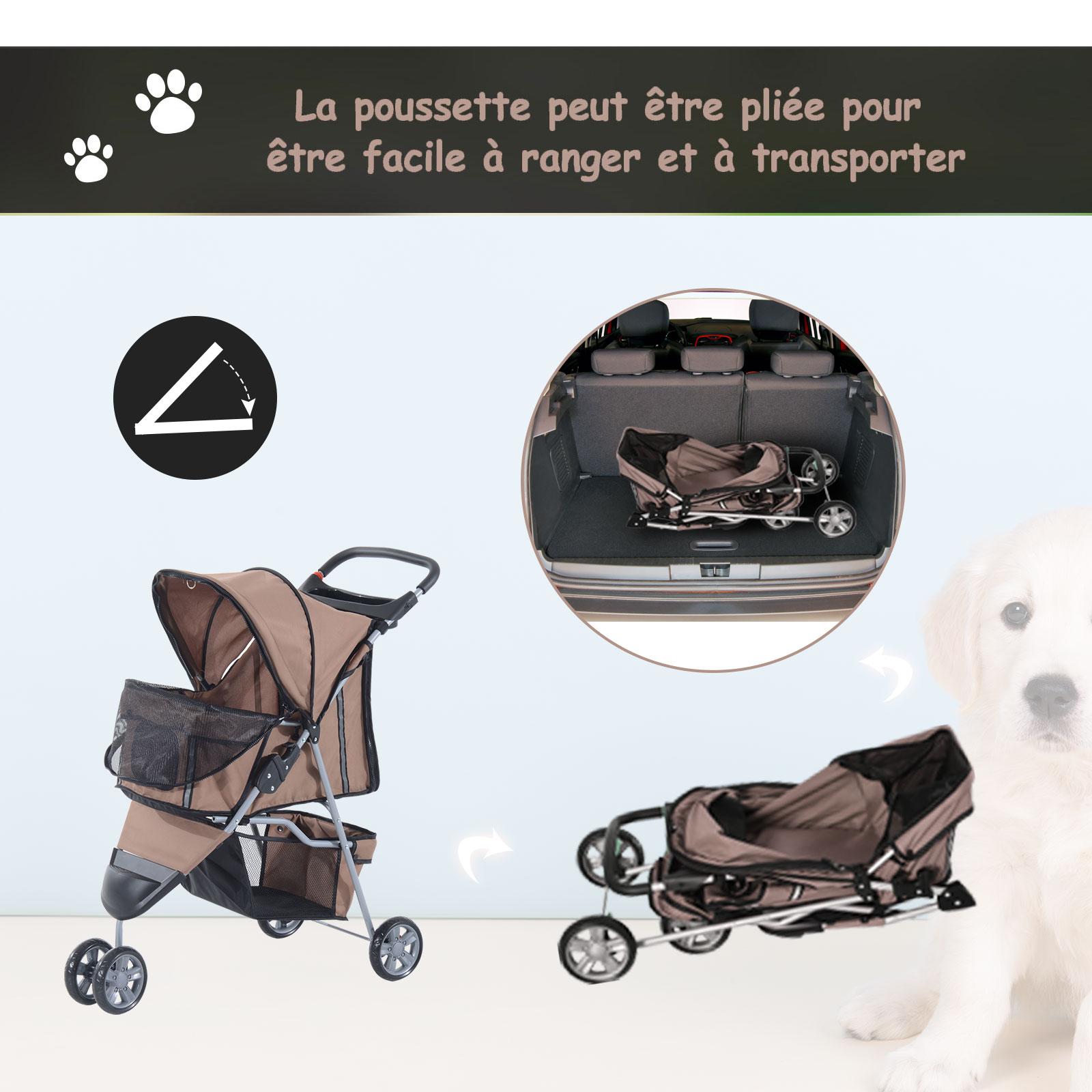 Poussette buggy pour chien chat animaux roue avant pivotante 360° marron