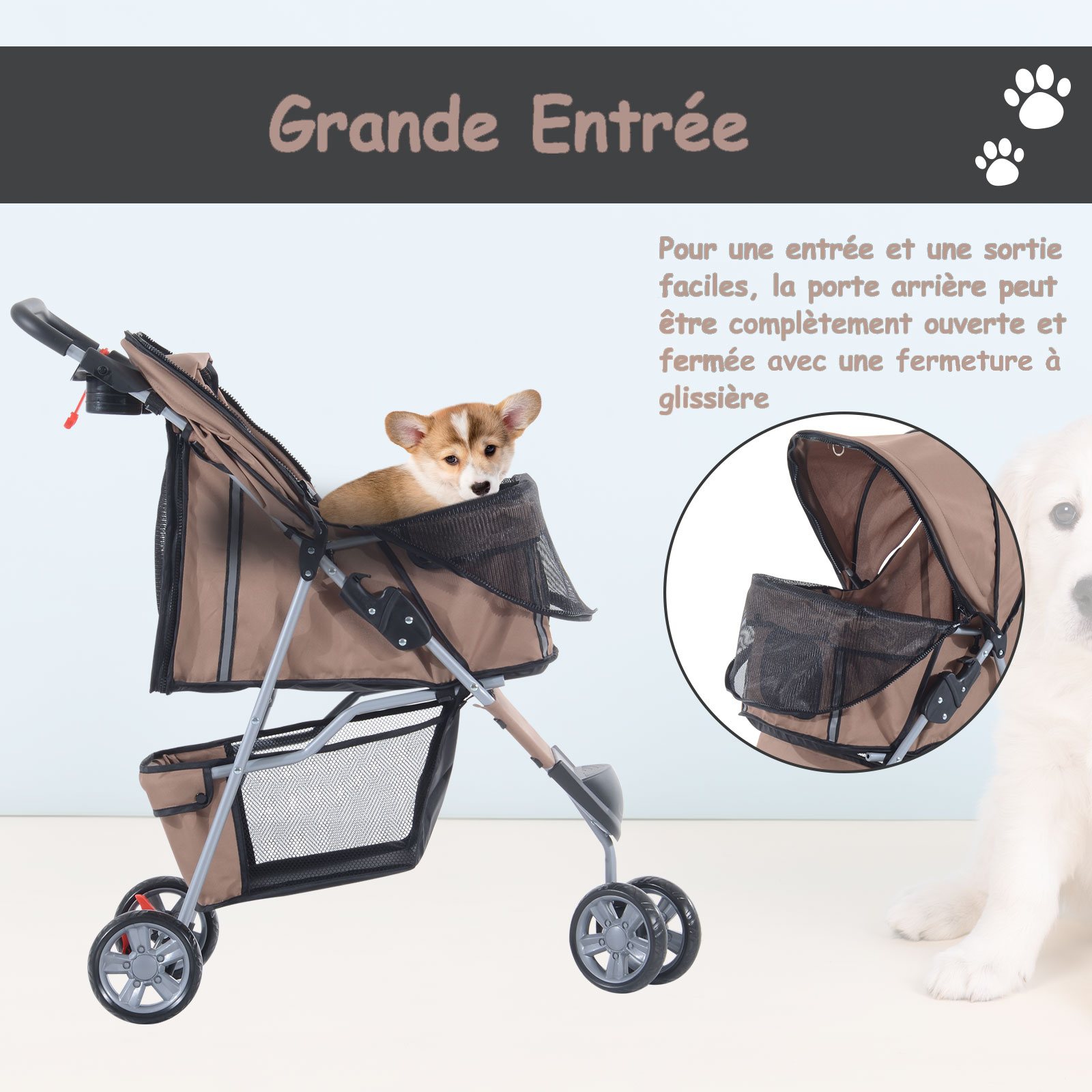 Poussette buggy pour chien chat animaux roue avant pivotante 360° marron