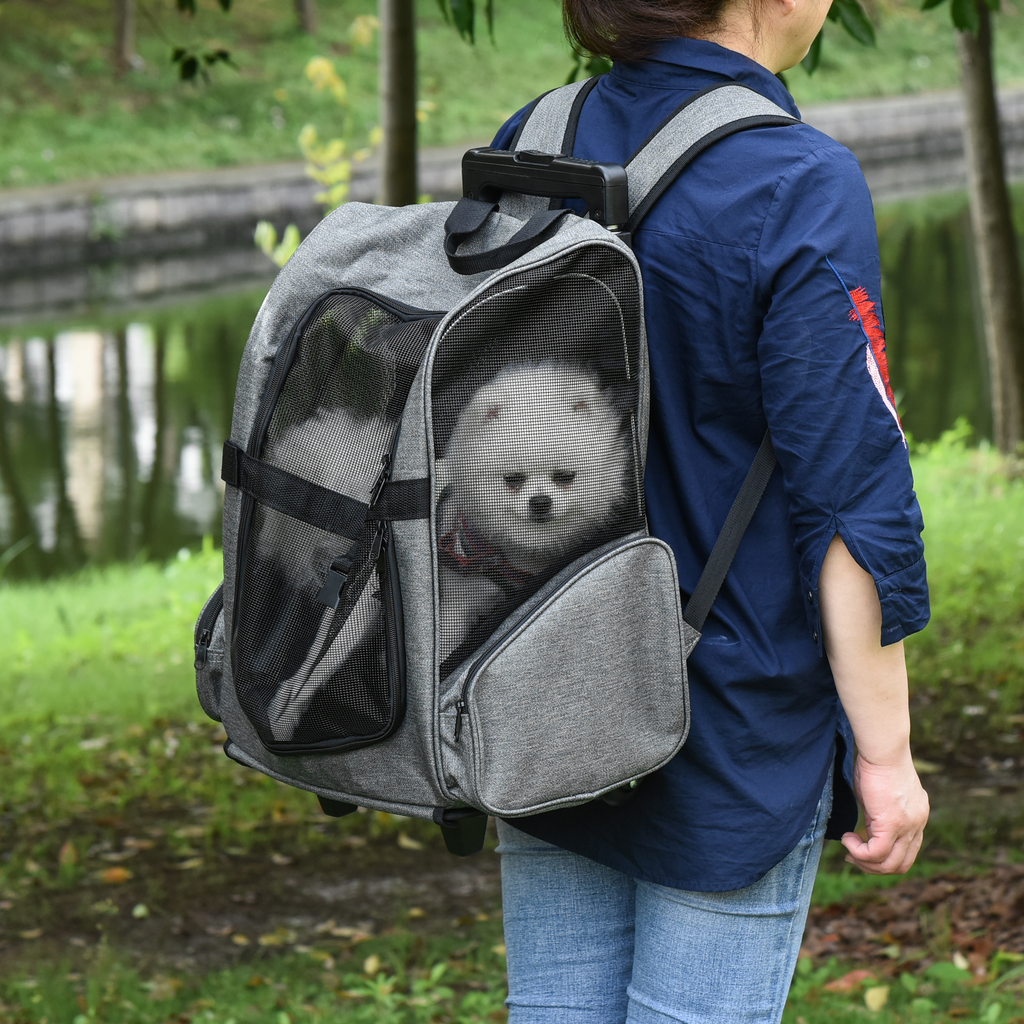 2 en 1 trolley sac à dos roulettes chien chat gris