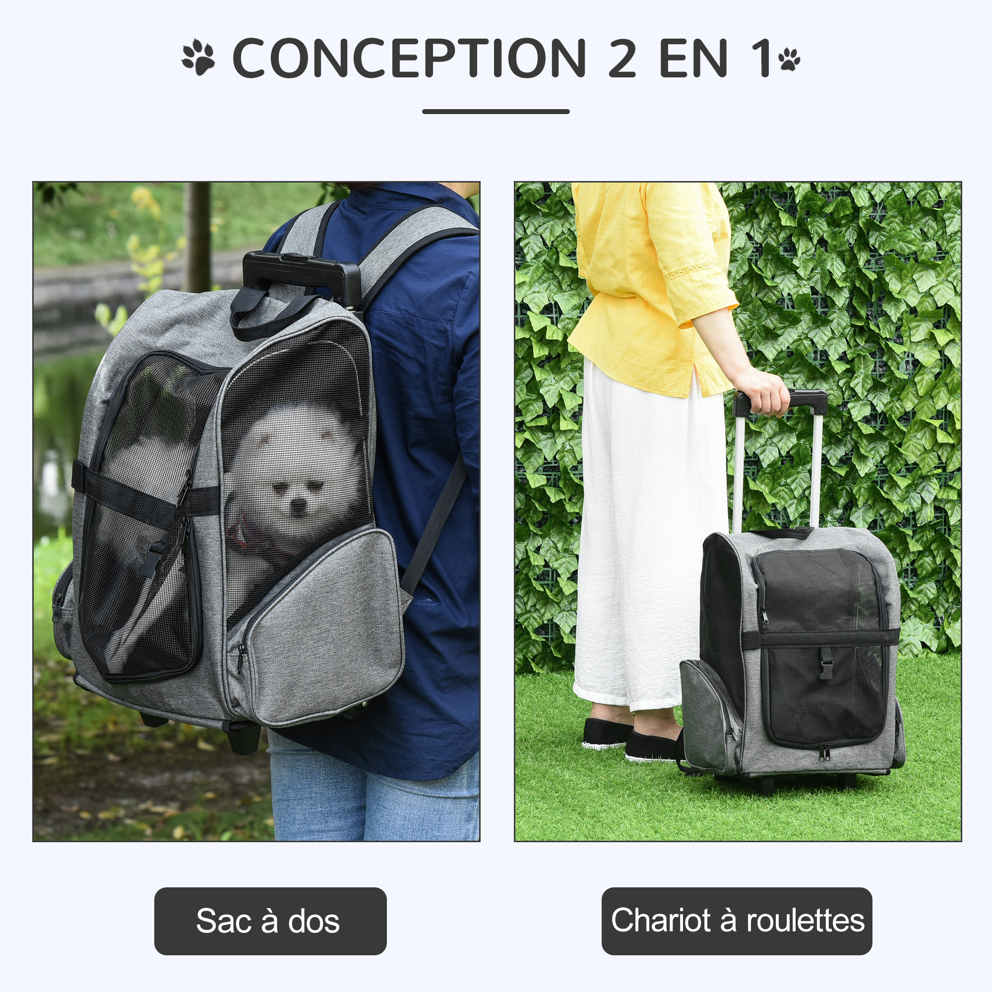 2 en 1 trolley sac à dos roulettes chien chat gris