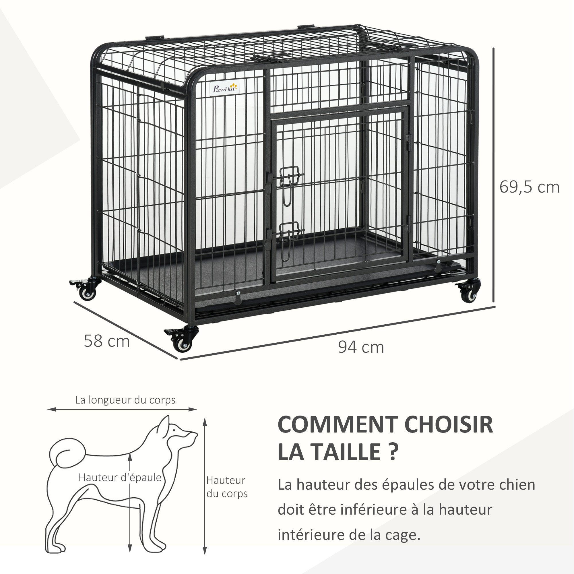 Cage chiens pliable sur roulettes 2 portes verrouillables métal gris noir