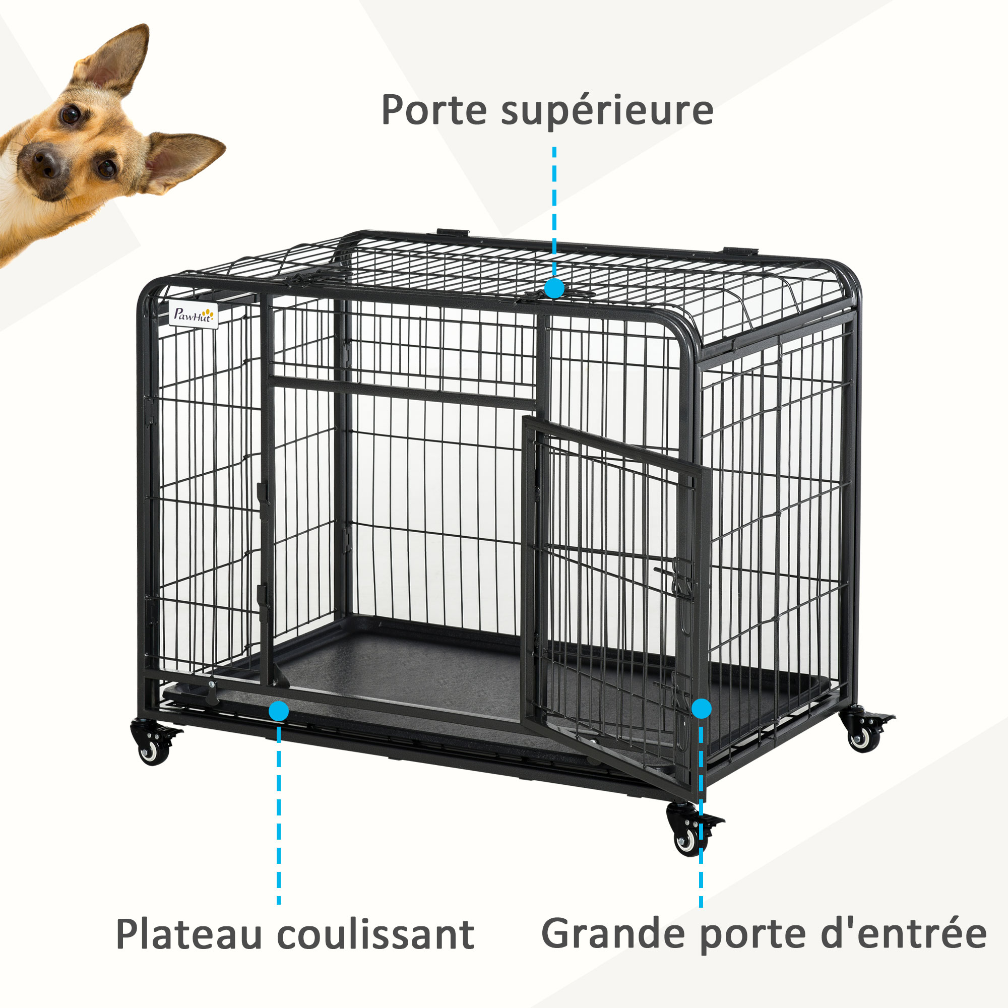 Cage chiens pliable sur roulettes 2 portes verrouillables métal gris noir