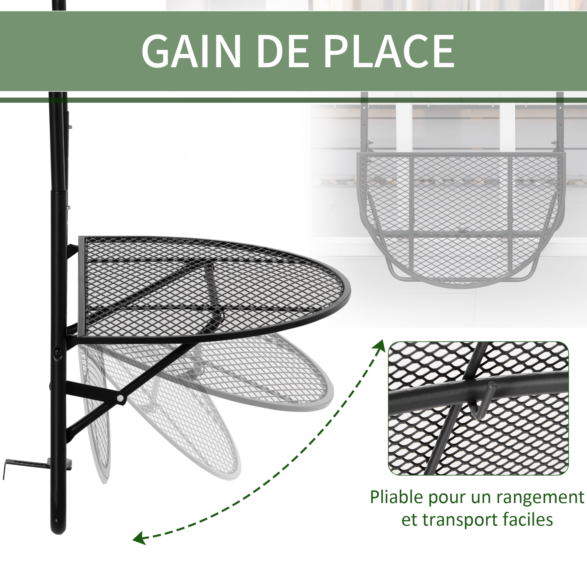 Table suspendue pliable pour balcon hauteur réglable métal époxy noir