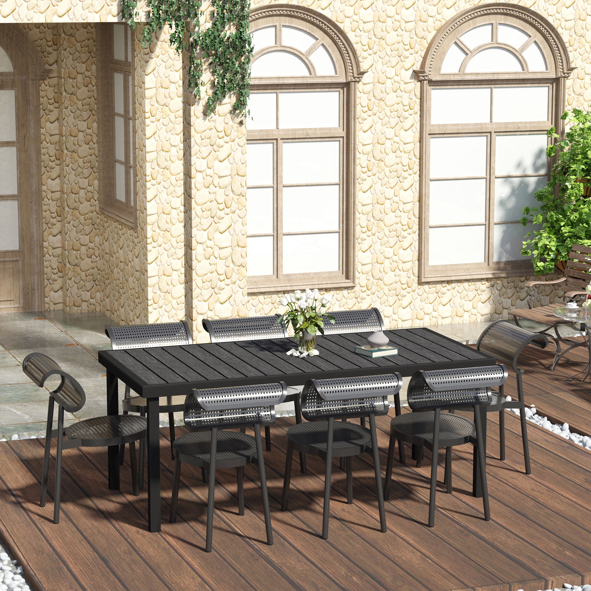 Table de jardin rectangulaire 8 places alu. aspect bois