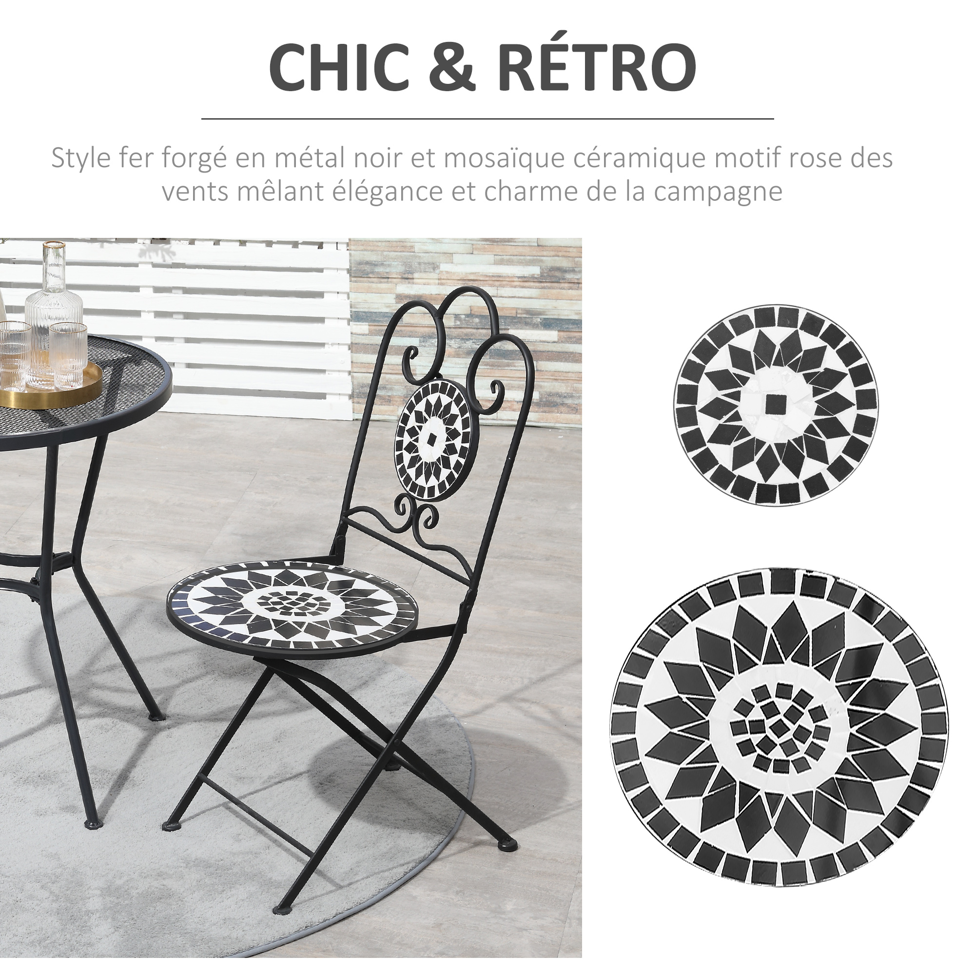 Lot de 2 chaises de jardin pliables style fer forgé noir blanc