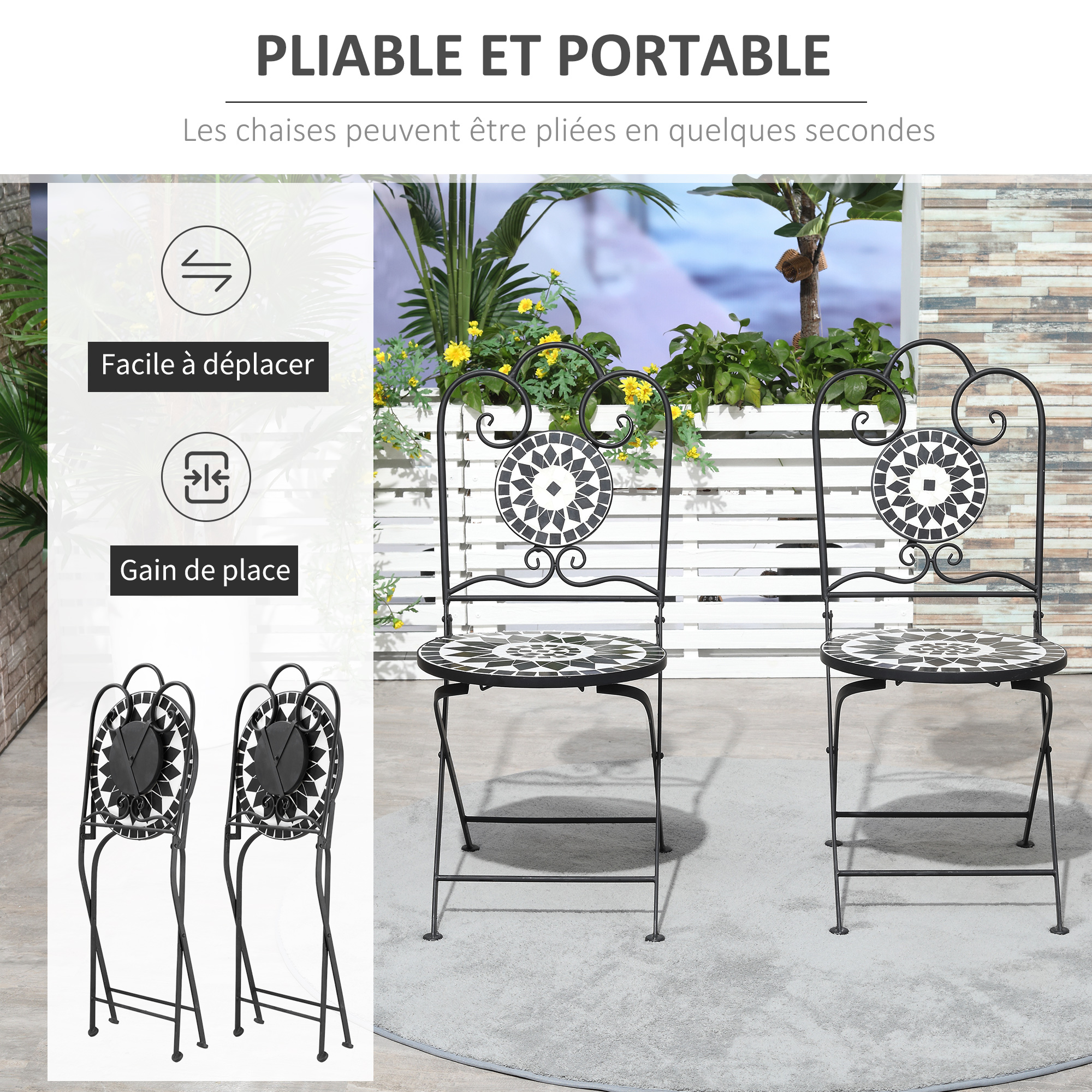 Lot de 2 chaises de jardin pliables style fer forgé noir blanc