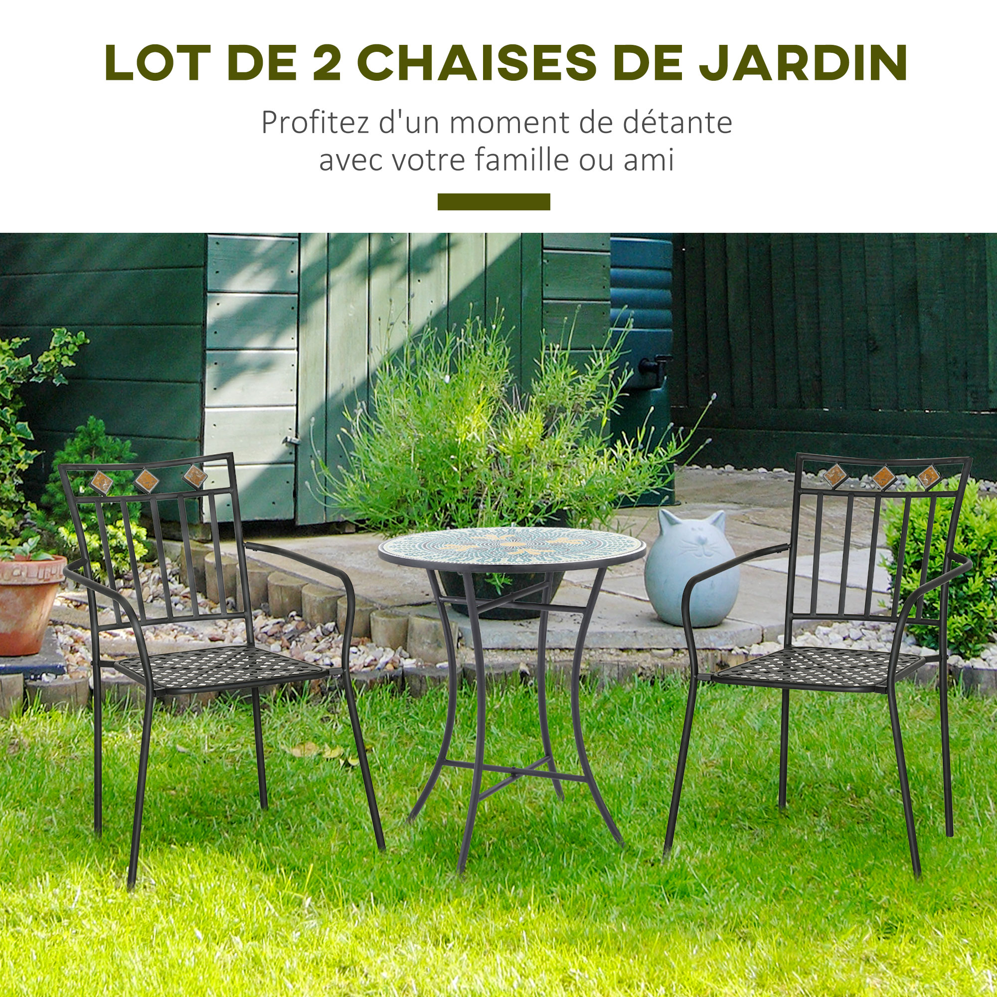 Lot de 2 chaises de jardin style fer forgé noir orangé