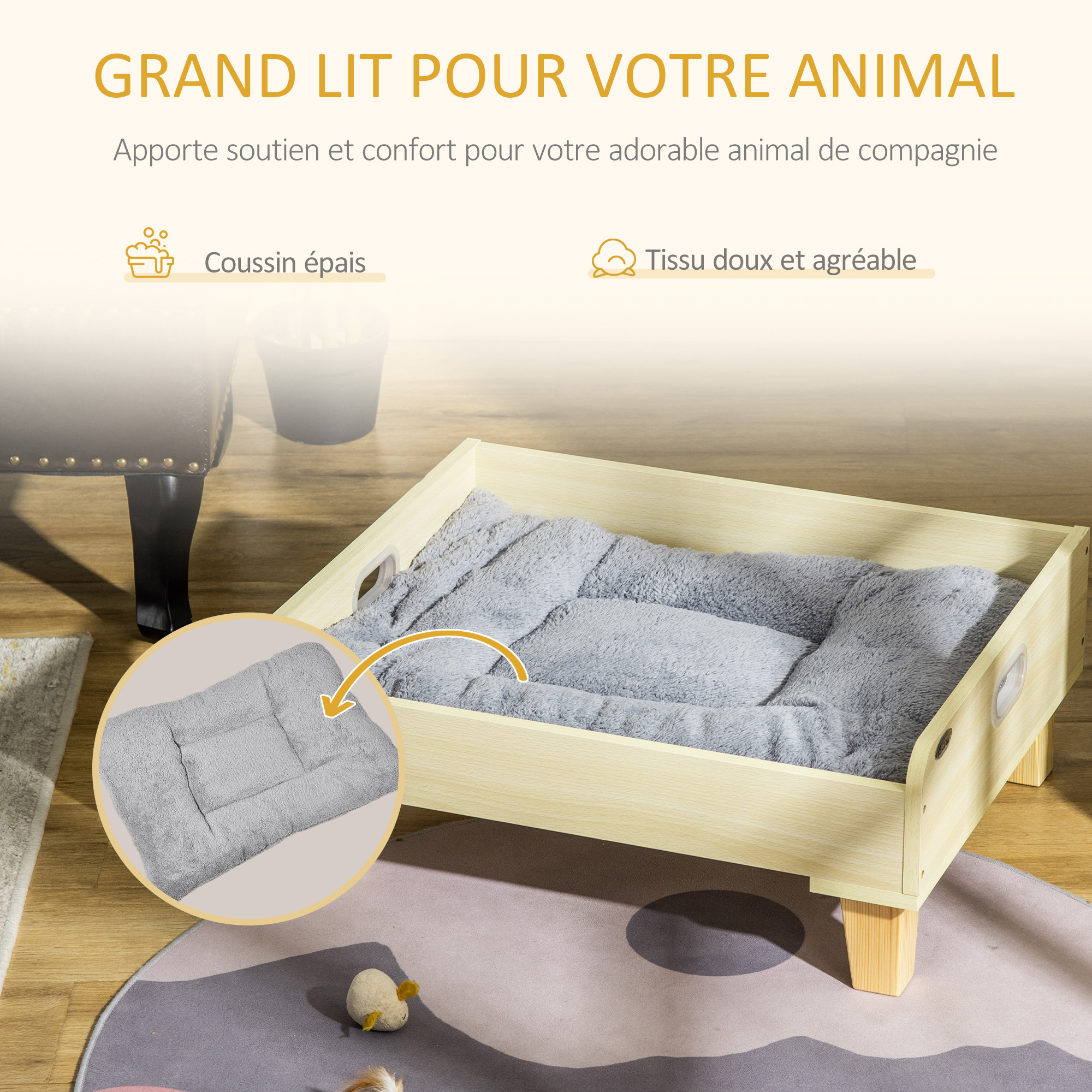 Canapé panier design chien chat aspect bois clair coussin gris