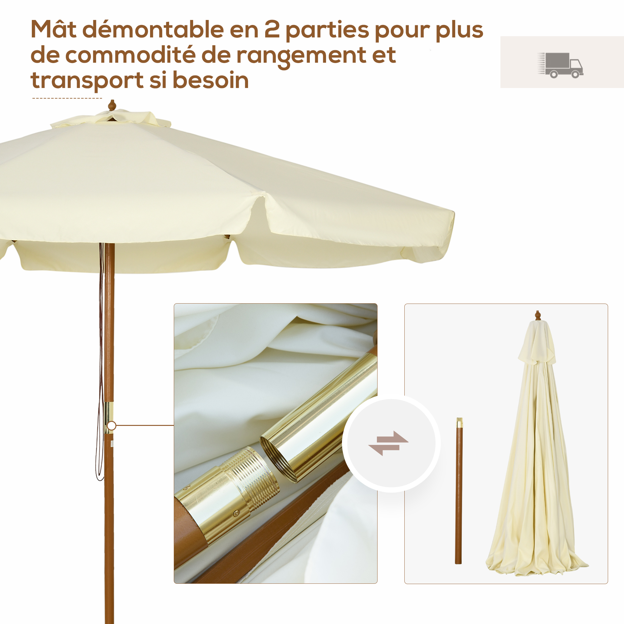 Parasol droit rond Ø 3,25 x 2,5H m bois de bambou polyester