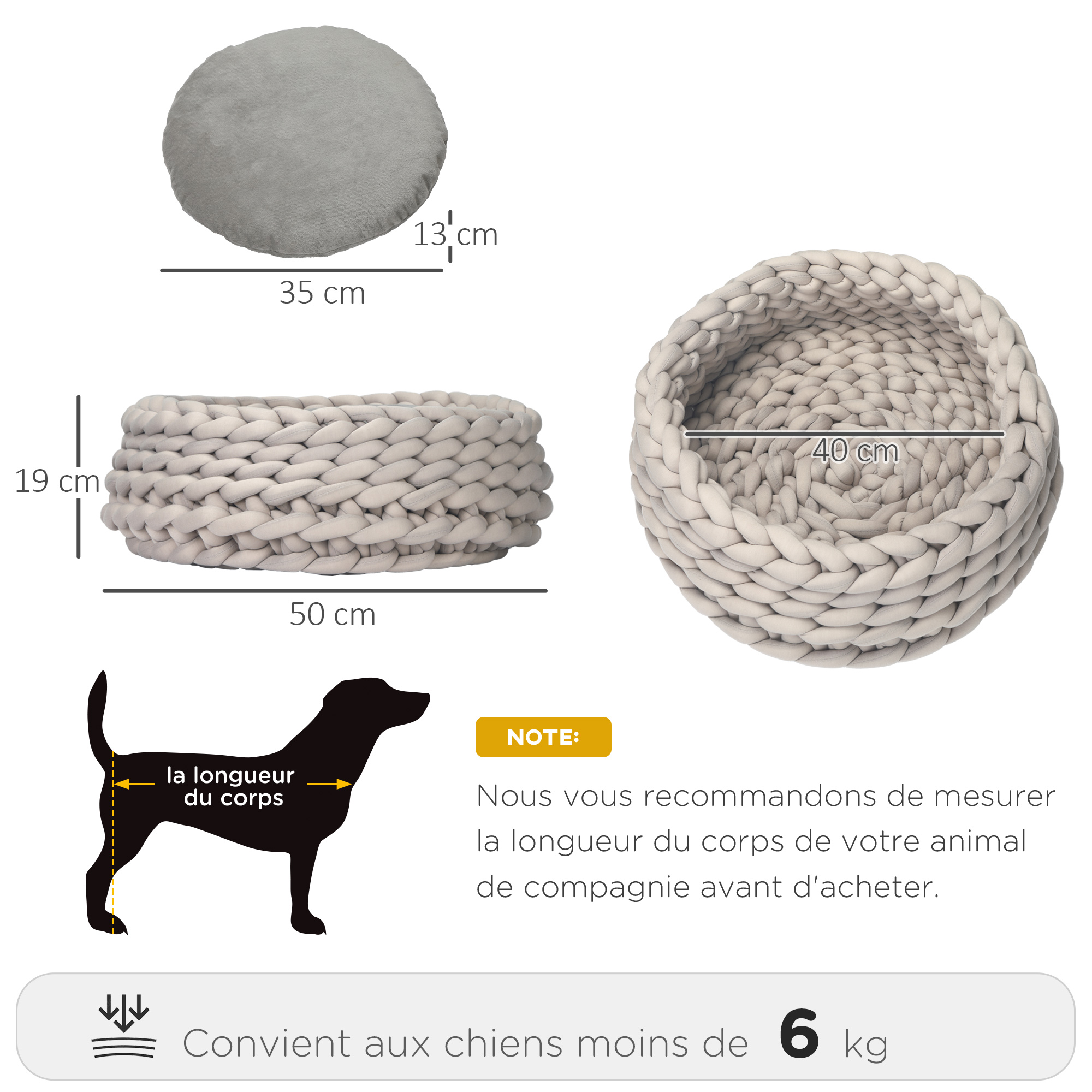 Panier pour chien chat Ø50 x 19H cm effet tressé tricot polyester gris