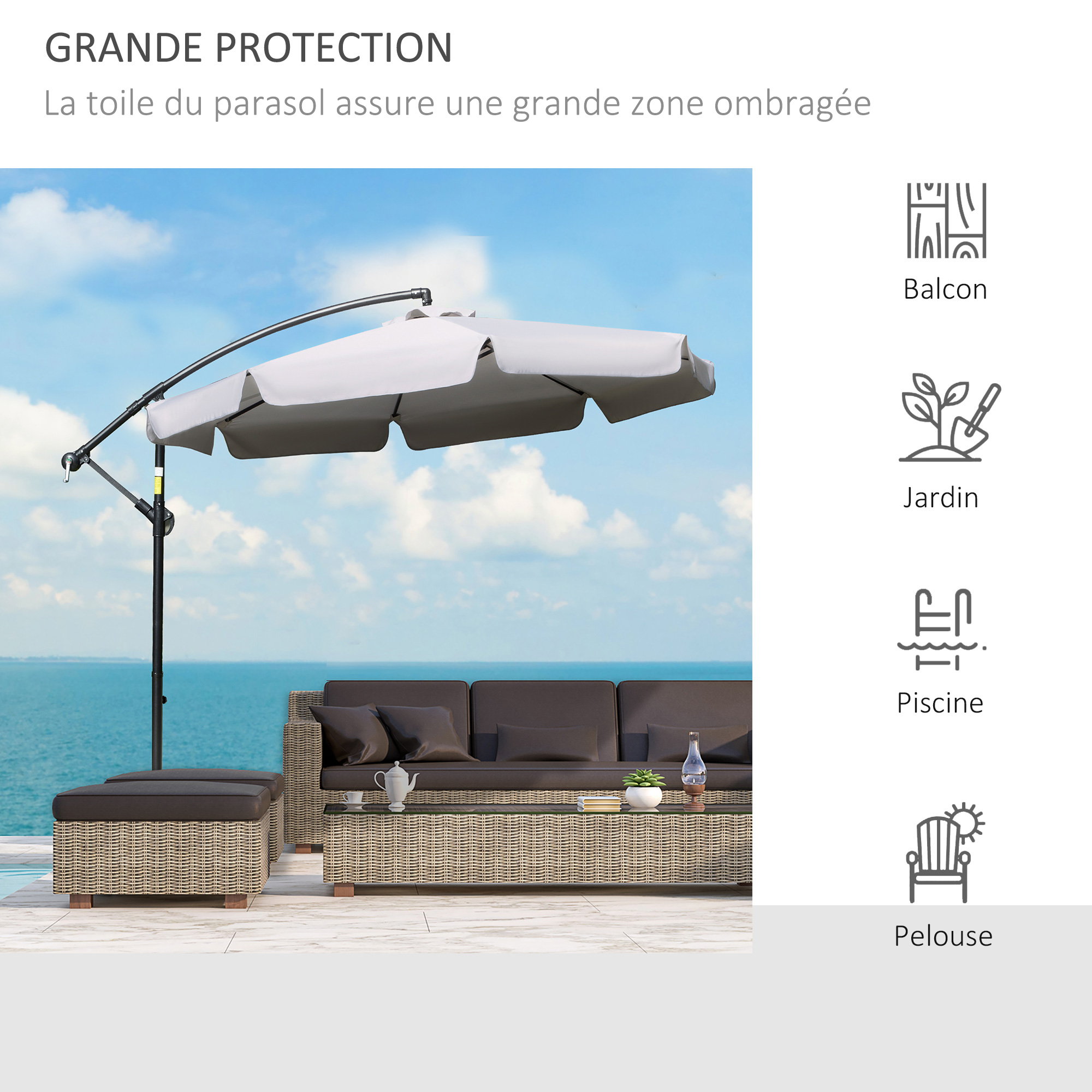 Parasol déporté octogonal inclinable Ø 2,65 x 2,45H m