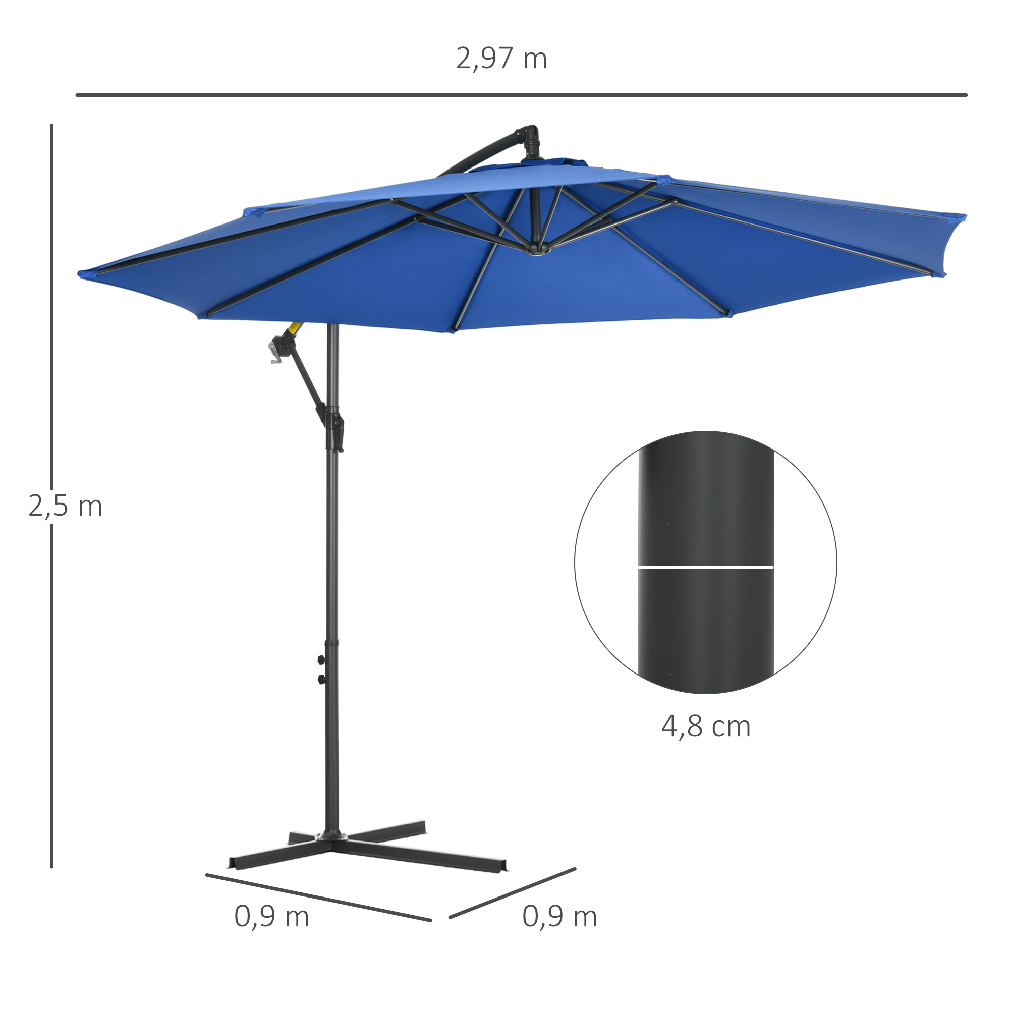 Parasol déporté octogonal diamètre 2,97 m bleu