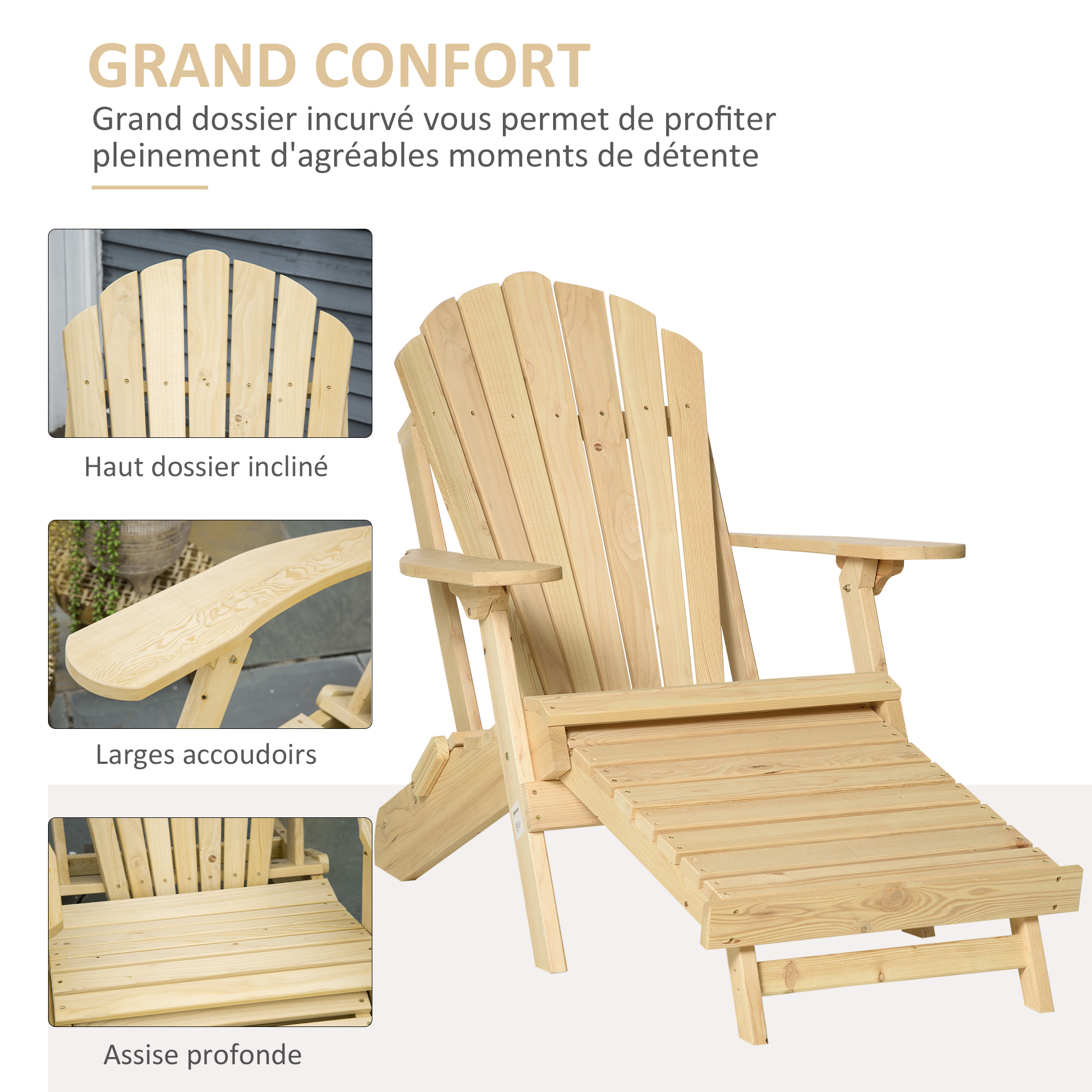 Fauteuil de jardin Adirondack pliable pin naturel