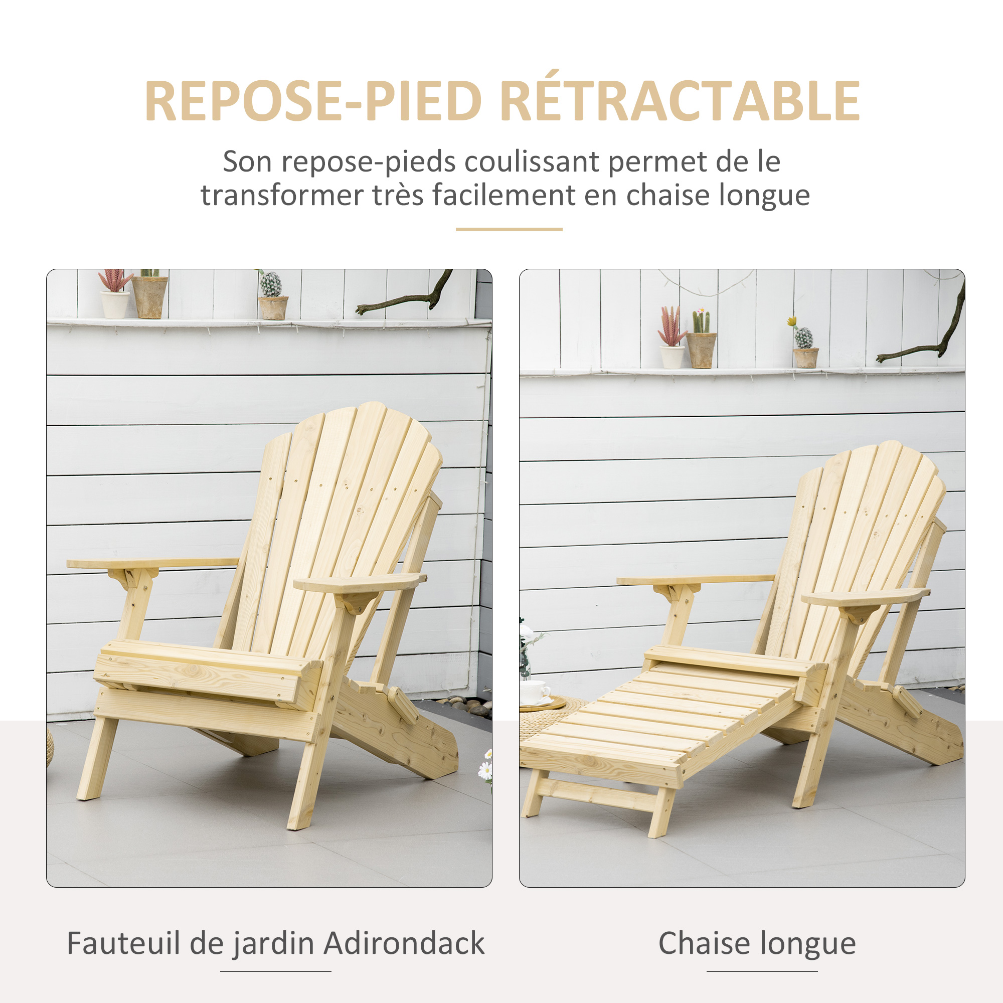 Fauteuil de jardin Adirondack pliable pin naturel