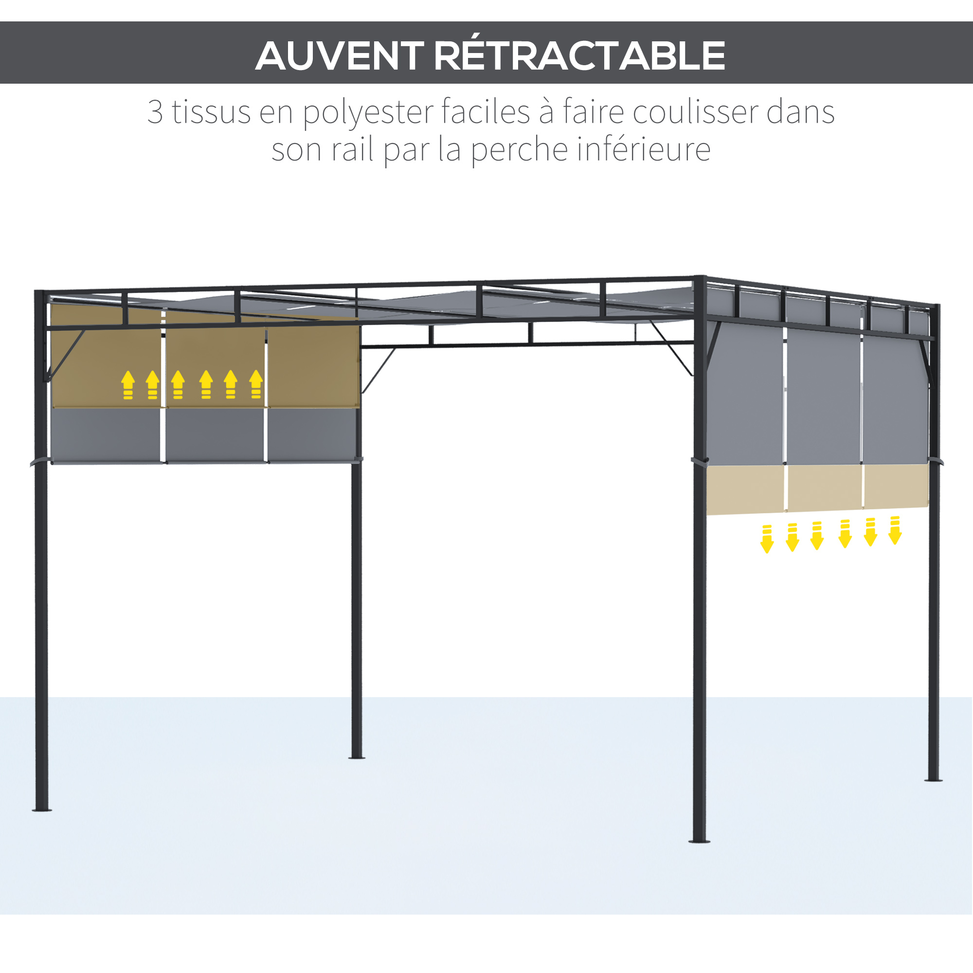 Pergola rétractable acier époxy noir triple toile polyester haute densité