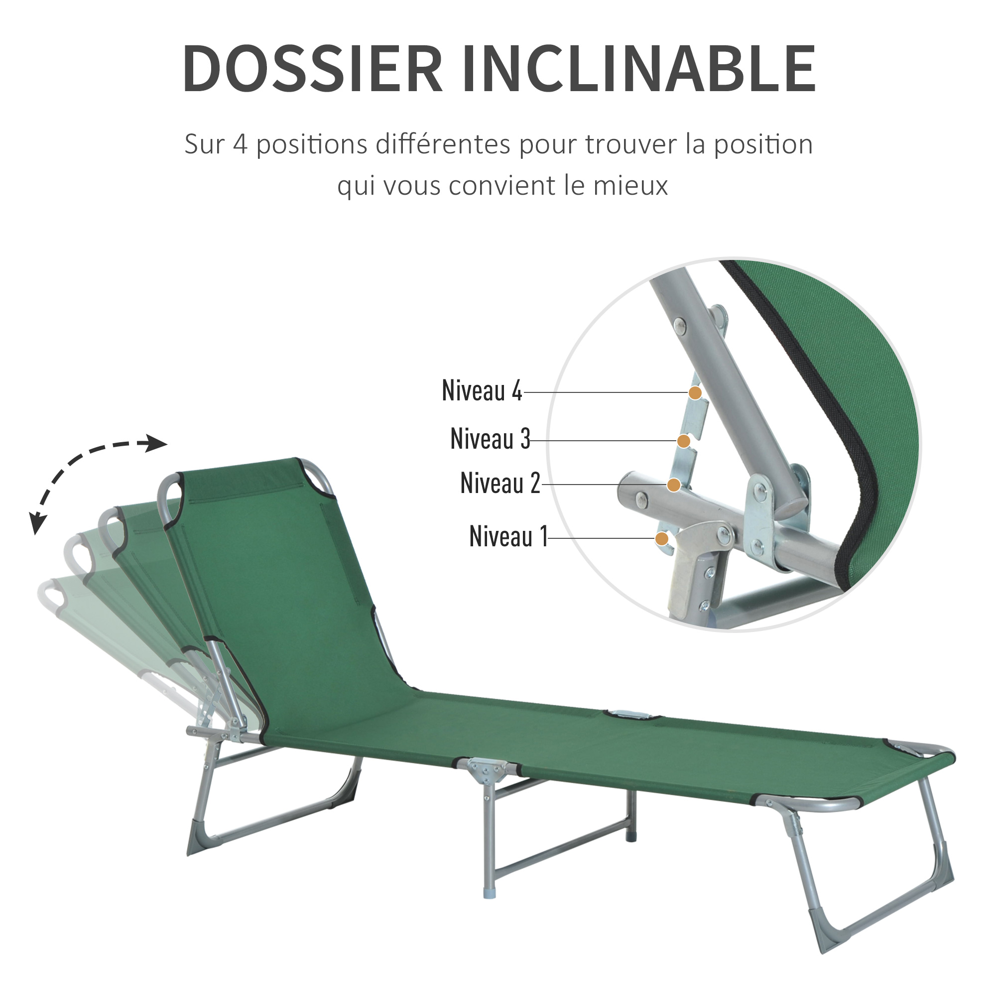 Bain de soleil transat pliable inclinable métal polyester