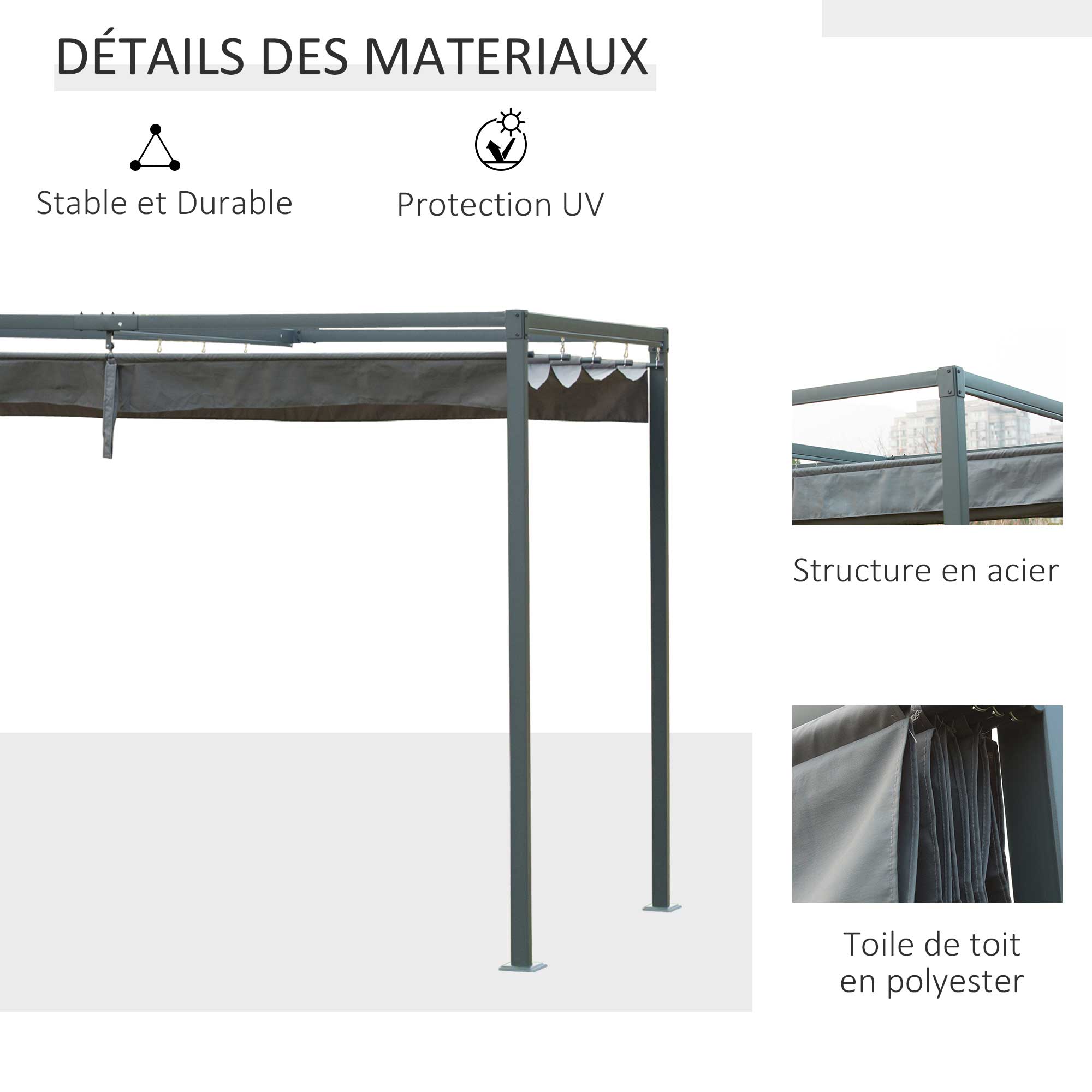 Pergola rétractable polyester haute densité métal époxy gris