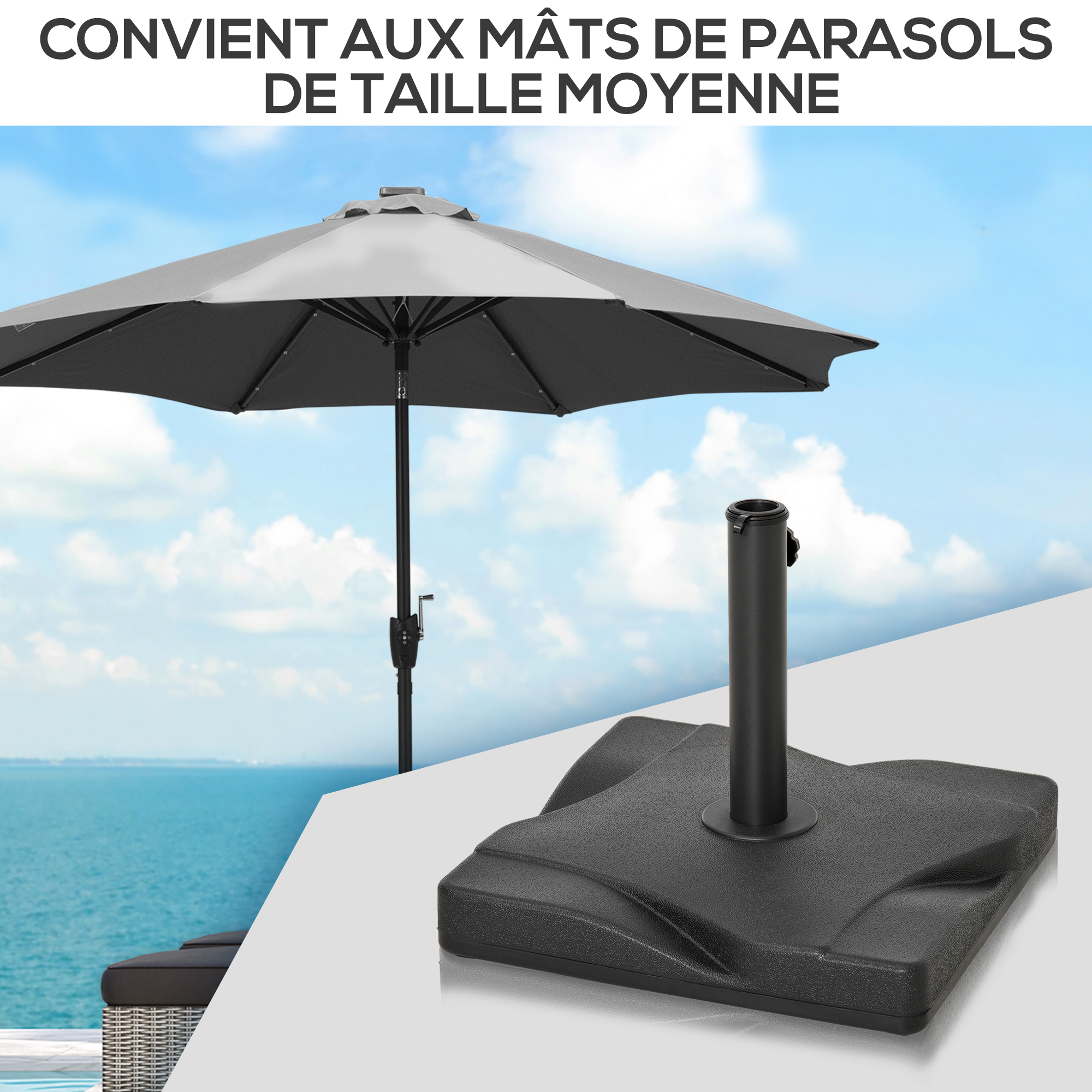 Pied de parasol carré poids net 20 Kg ciment HDPE noir