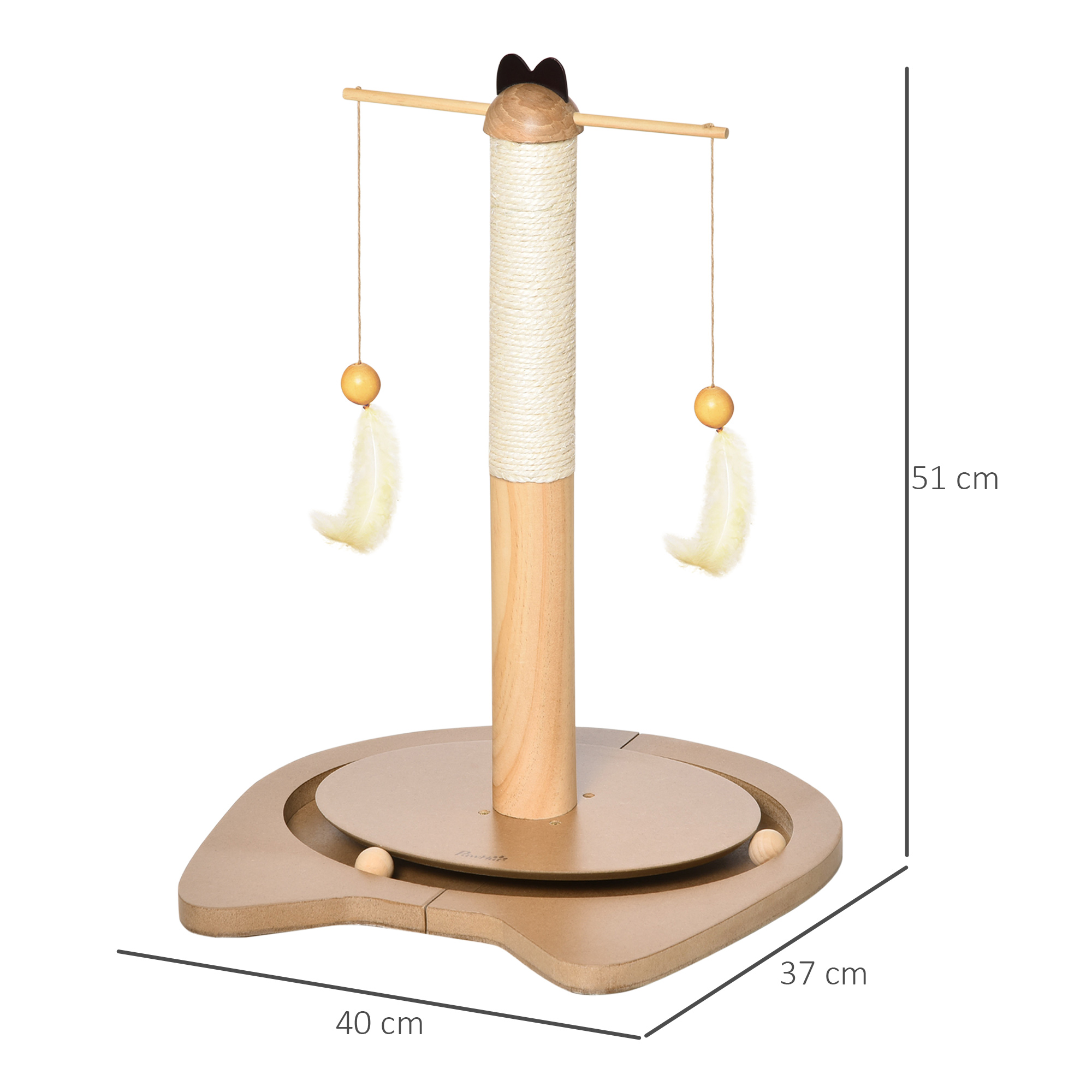 Poteau à griffer pour chat jeu 2 boules et 2 plumes suspendues rotatives