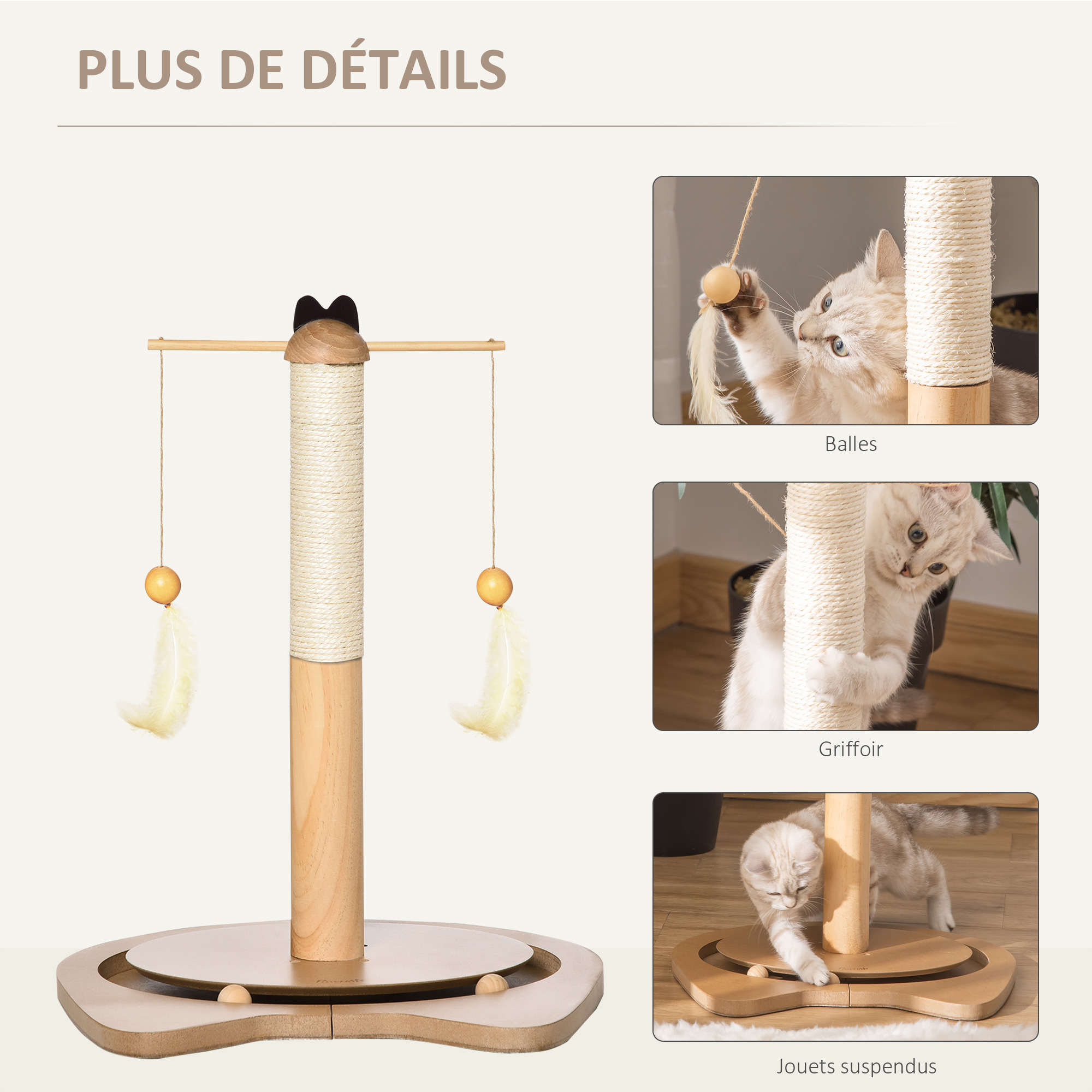 Poteau à griffer pour chat jeu 2 boules et 2 plumes suspendues rotatives