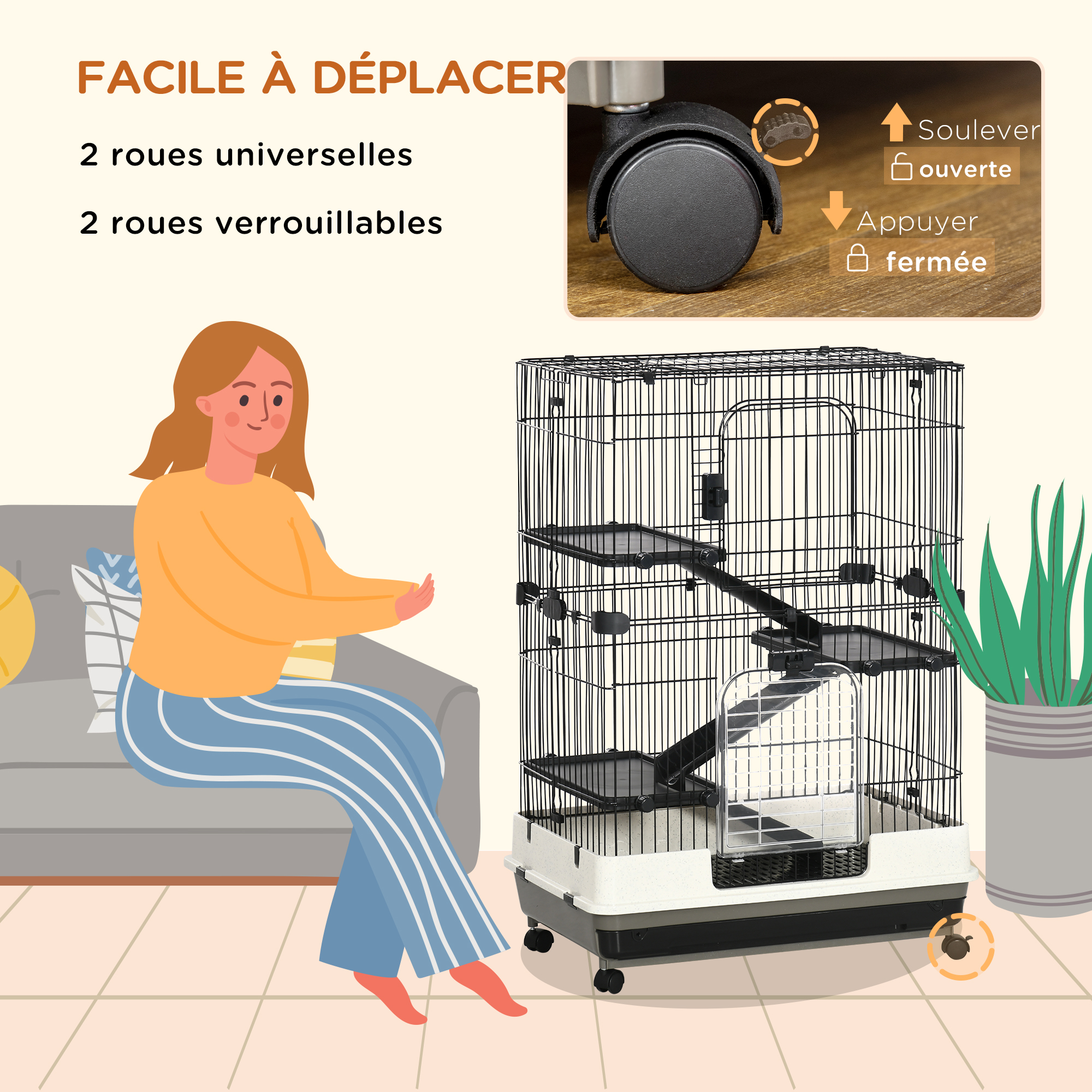 Cage pour cochons d'Inde chinchilla rongeur sur roulettes métal PP noir gris