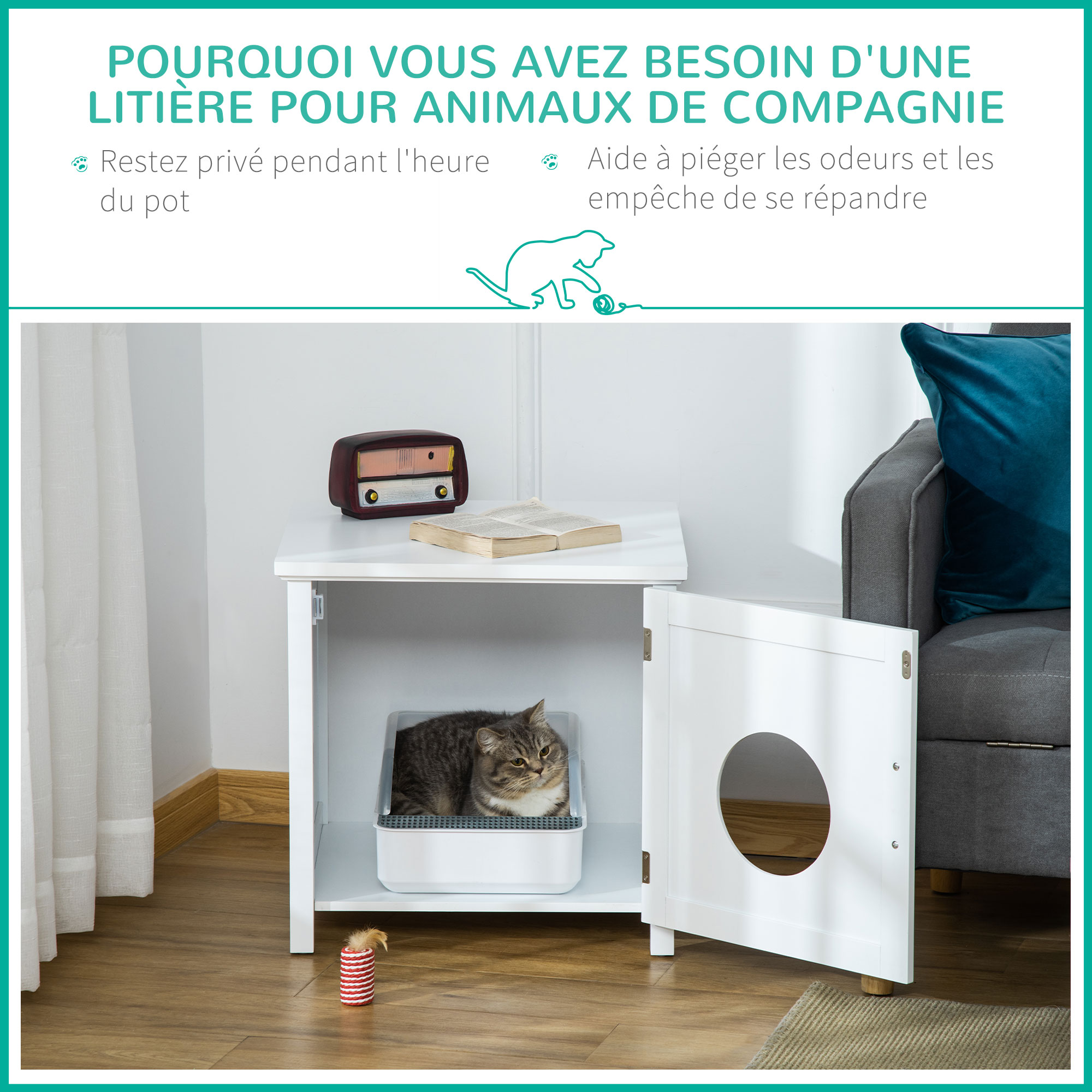 Maison de toilette pour chat sur pied design rainuré porte blanc