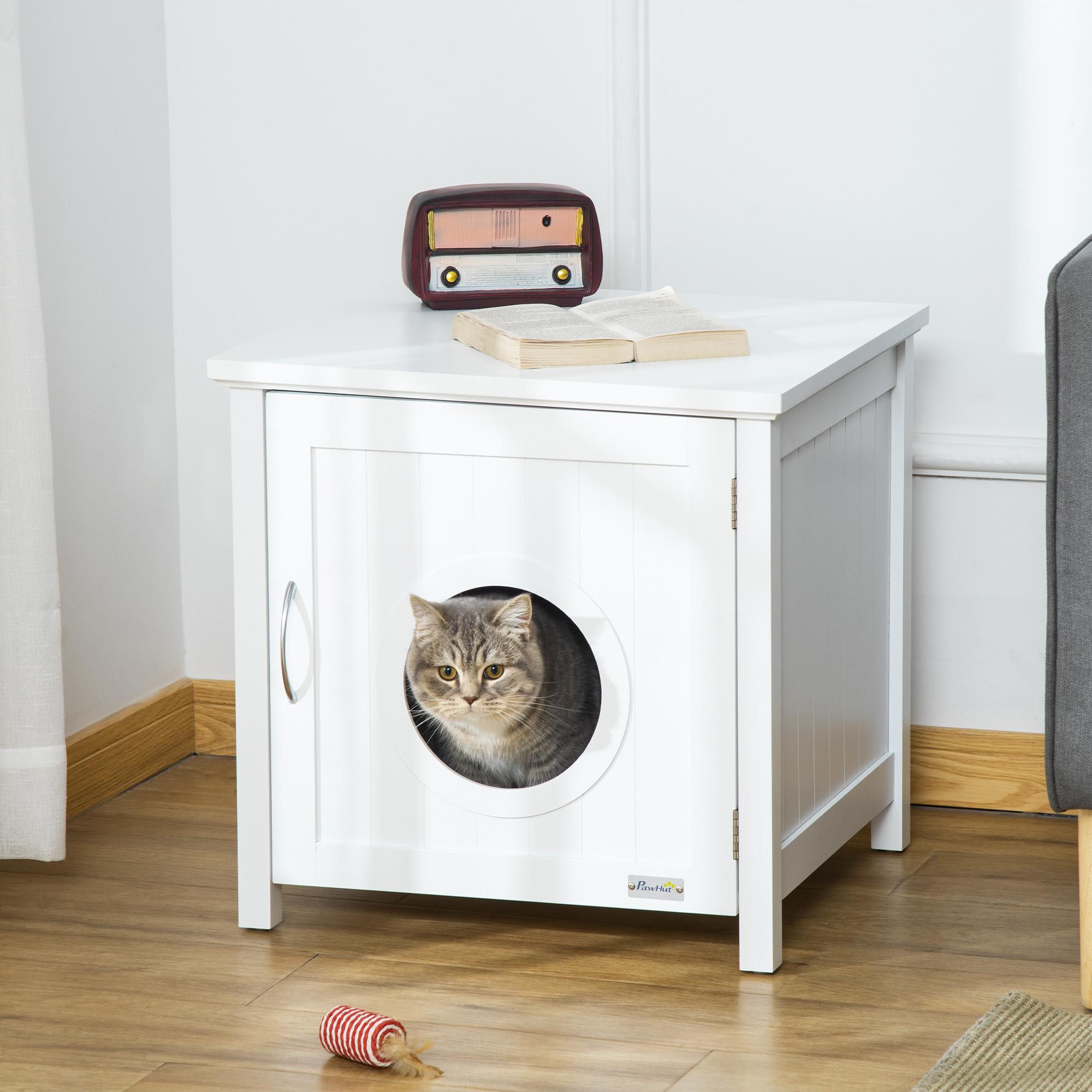 Maison de toilette pour chat sur pied design rainuré porte blanc