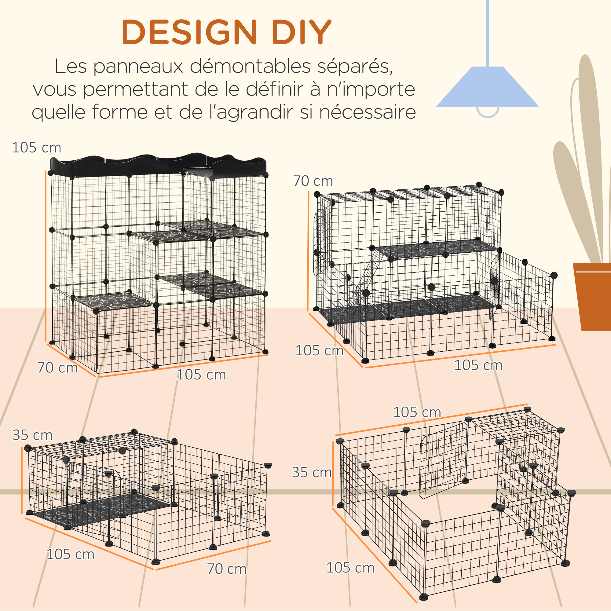 Cage parc enclos chat modulable 3 niveaux 2 portes métal noir