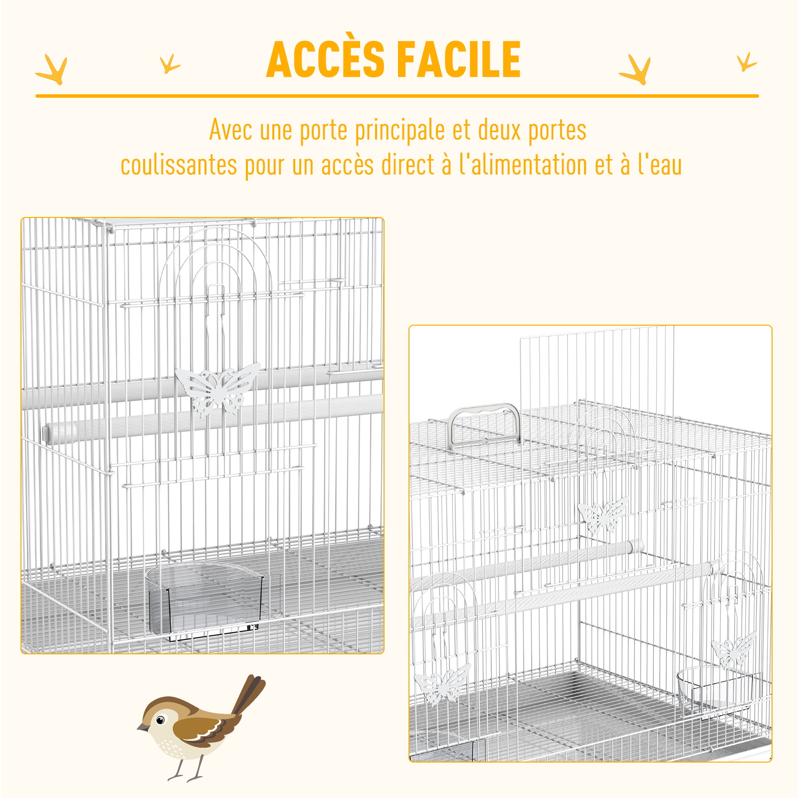 Cage à oiseaux motif papillons 3 portes accessoires blanc