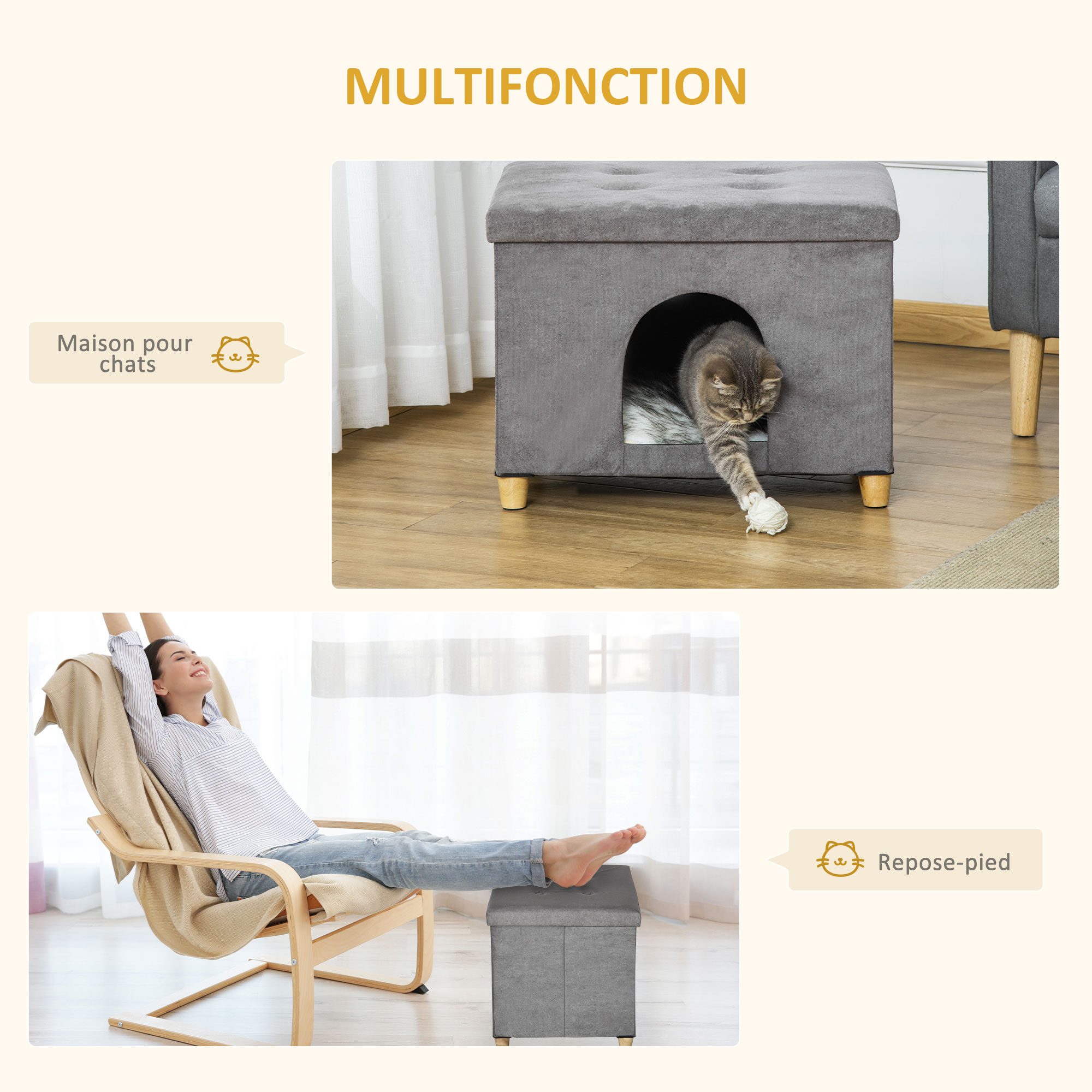 Niche chat maison de chat sur pied repose-pied 2 en 1 gris