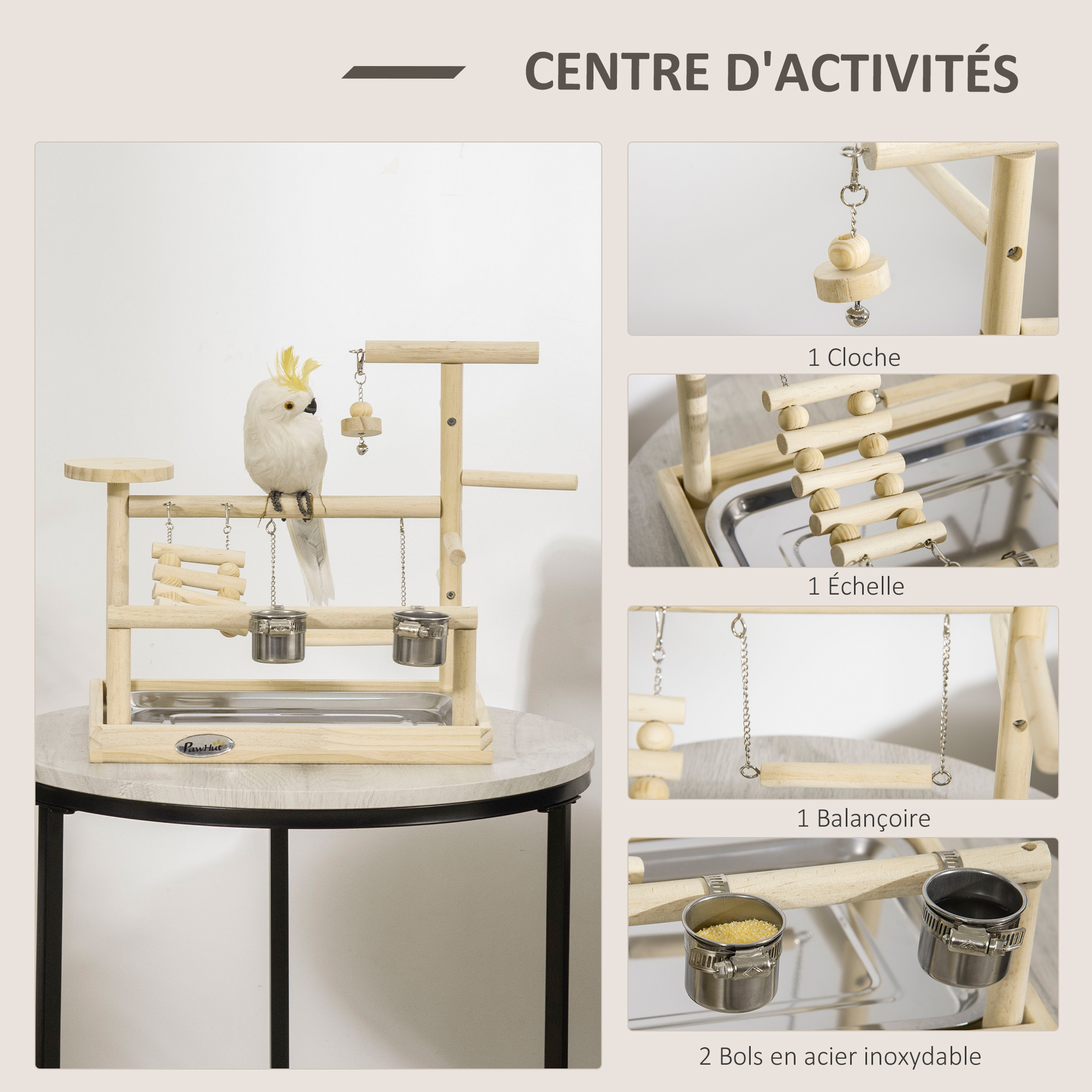 Aire de jeu perchoir pour perroquets, perruches acier inox. bois de pin