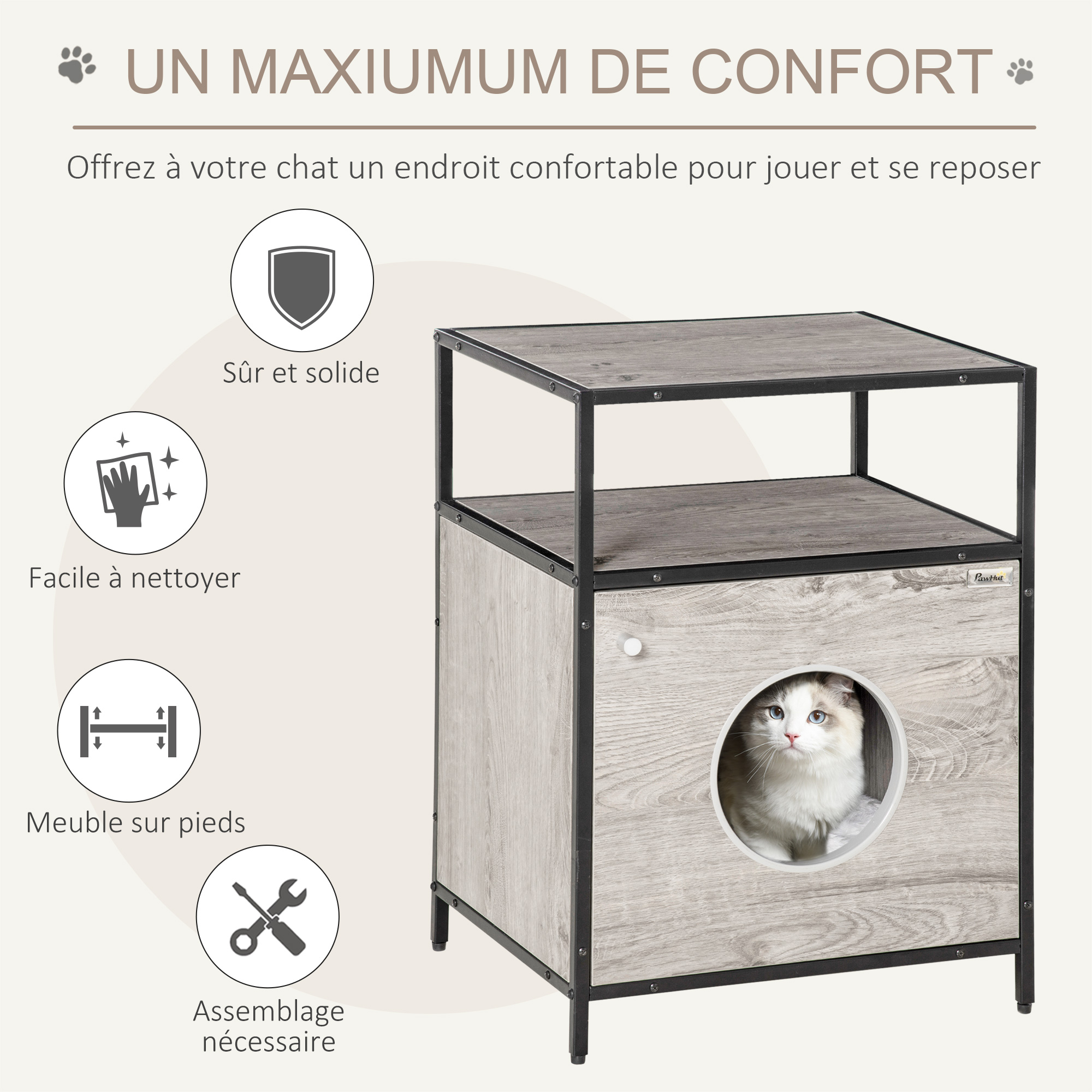 Maison de toilette pour chat châssis acier noir aspect bois gris