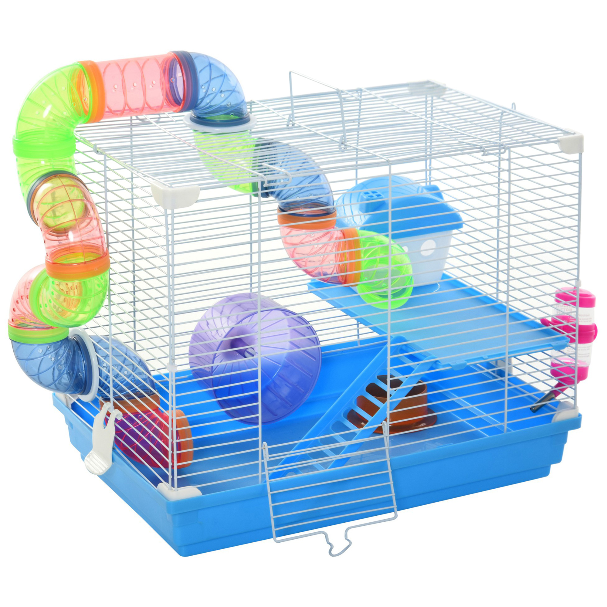 Cage à hamster rongeur 2 niveaux avec accessoires métal blanc PP bleu