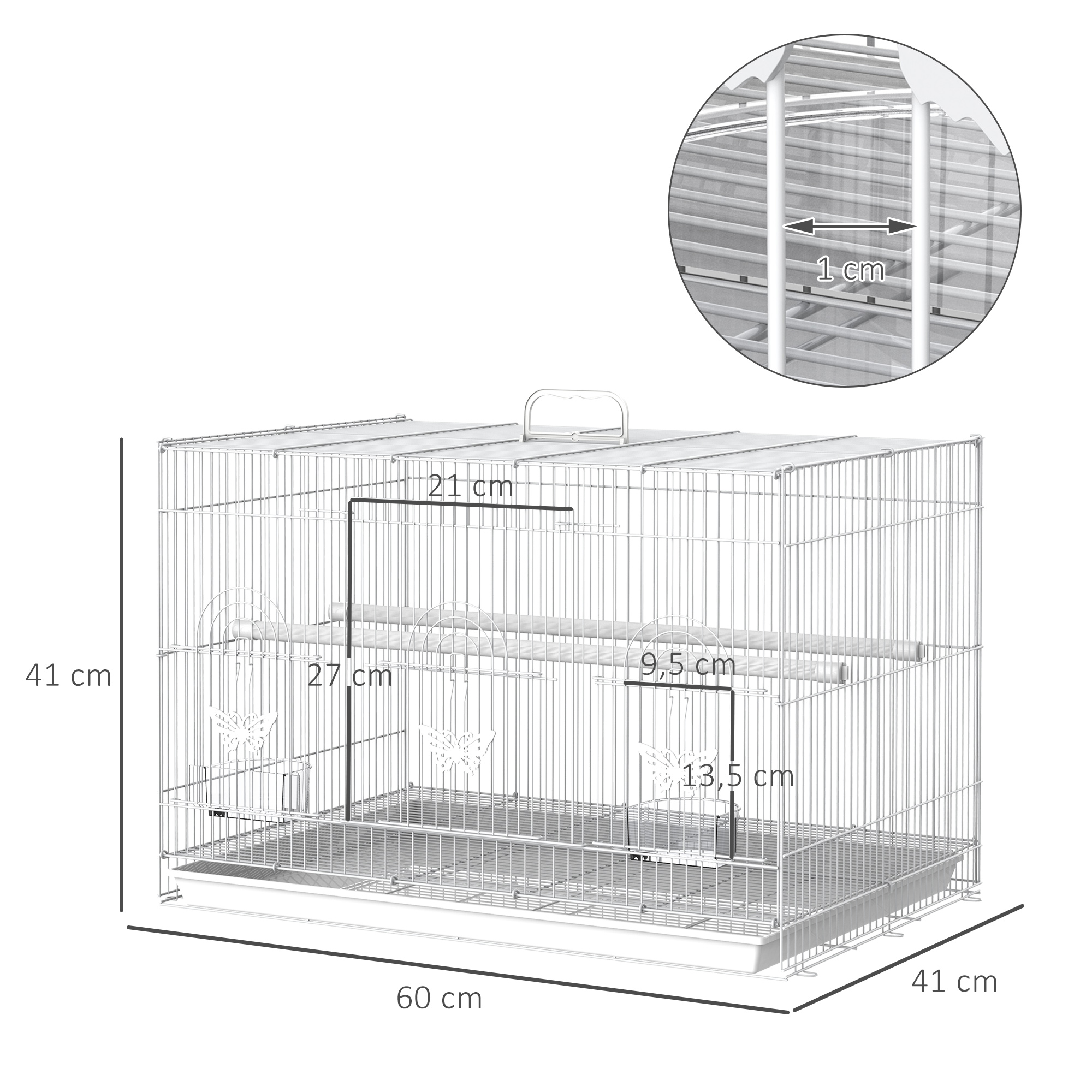 Cage à oiseaux motif papillons 3 portes accessoires blanc