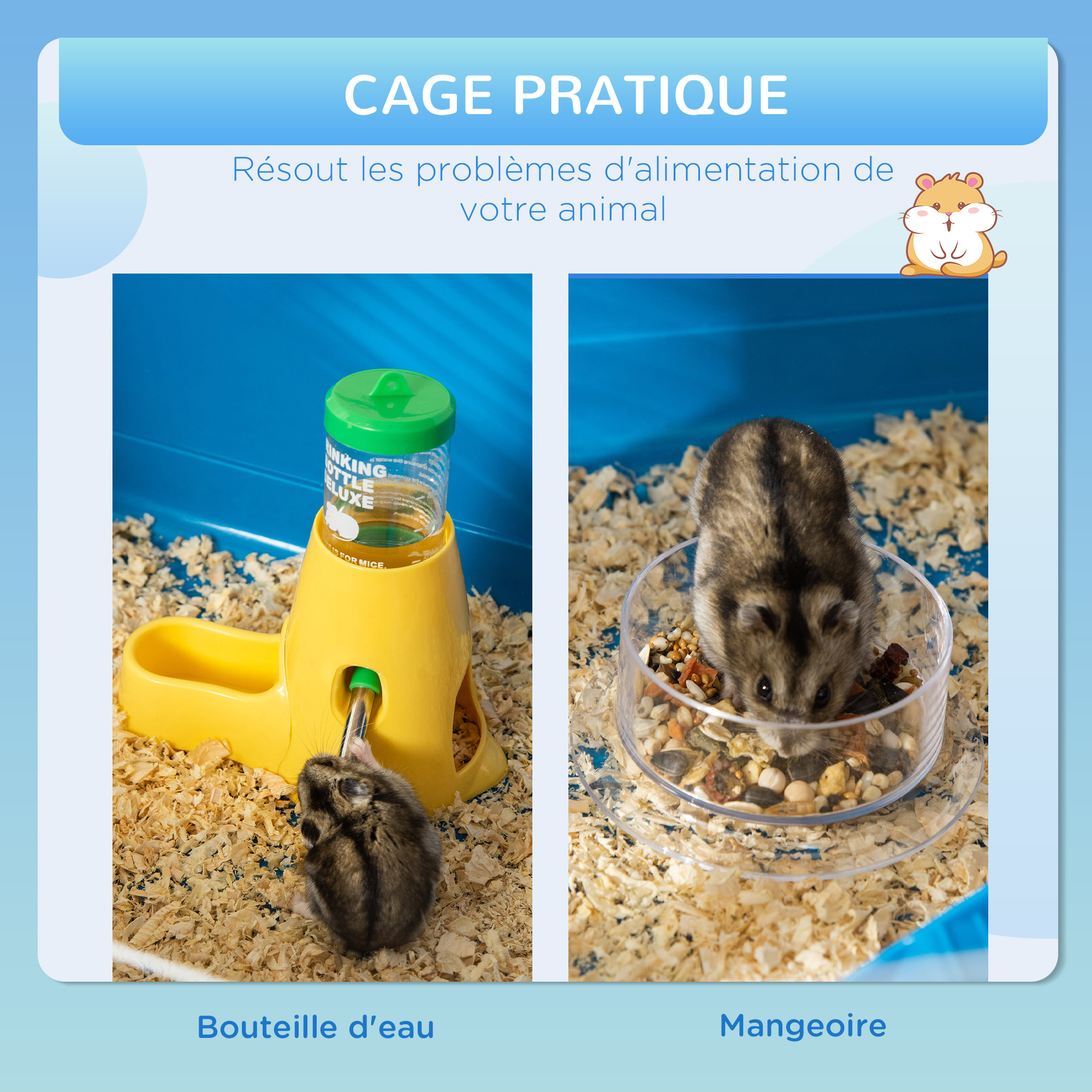 Grande cage à hamsters 4 niveaux - nombreux accessoires - métal PP bleu blanc