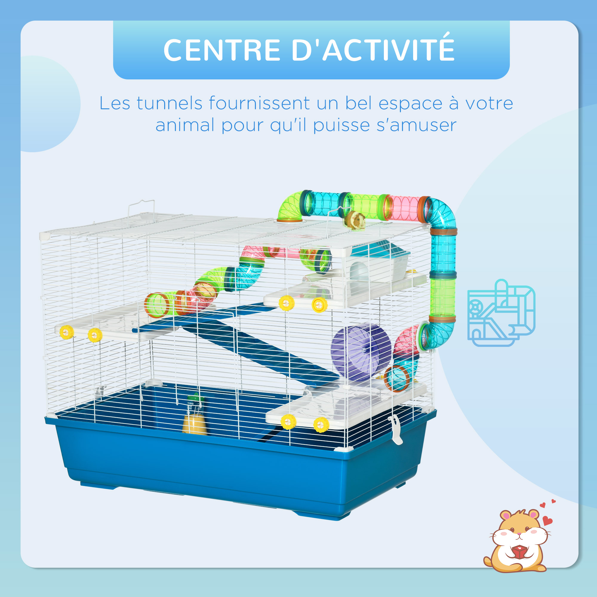 Grande cage à hamsters 4 niveaux - nombreux accessoires - métal PP bleu blanc