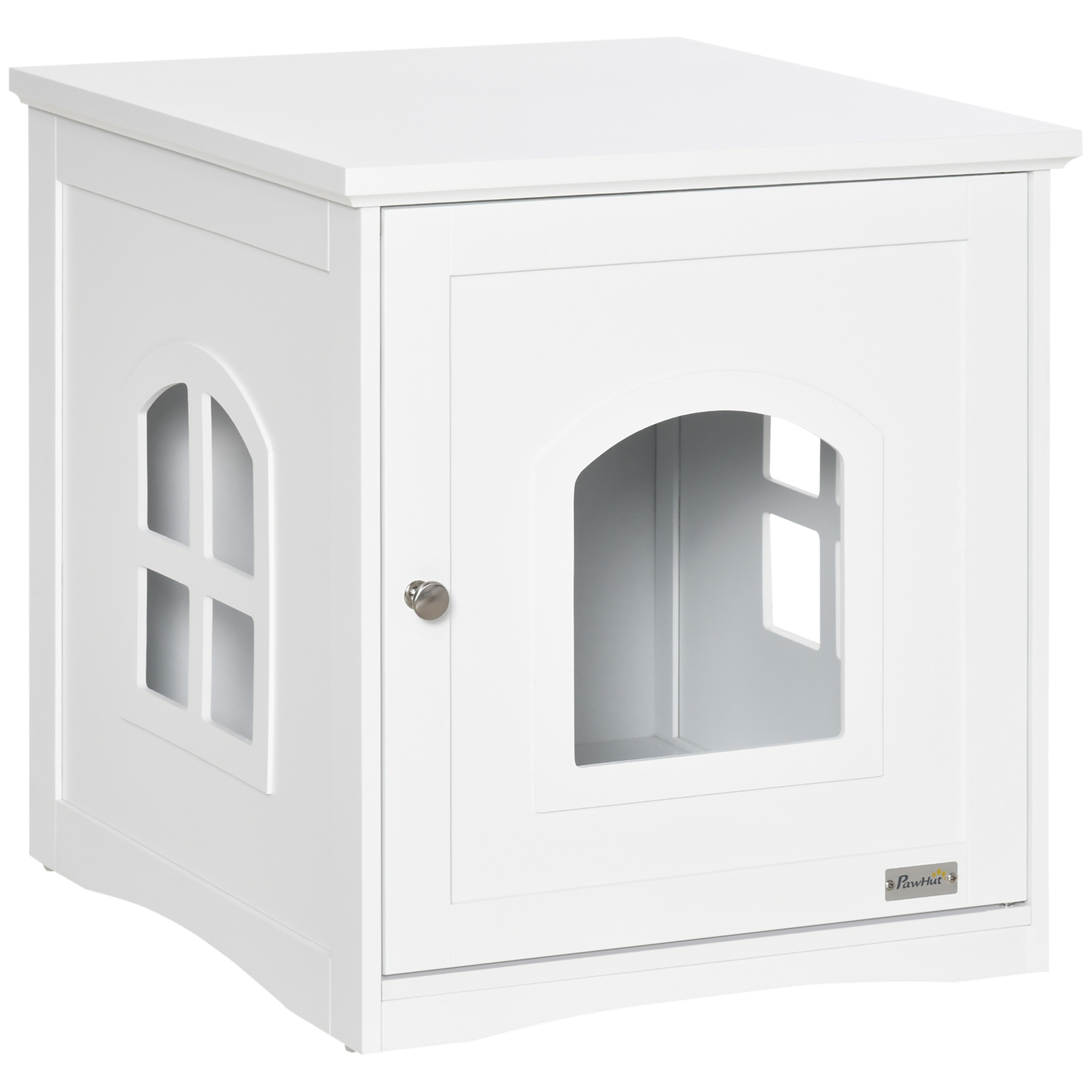 Maison de toilette pour chat design maisonnette avec porte, fenêtres blanc