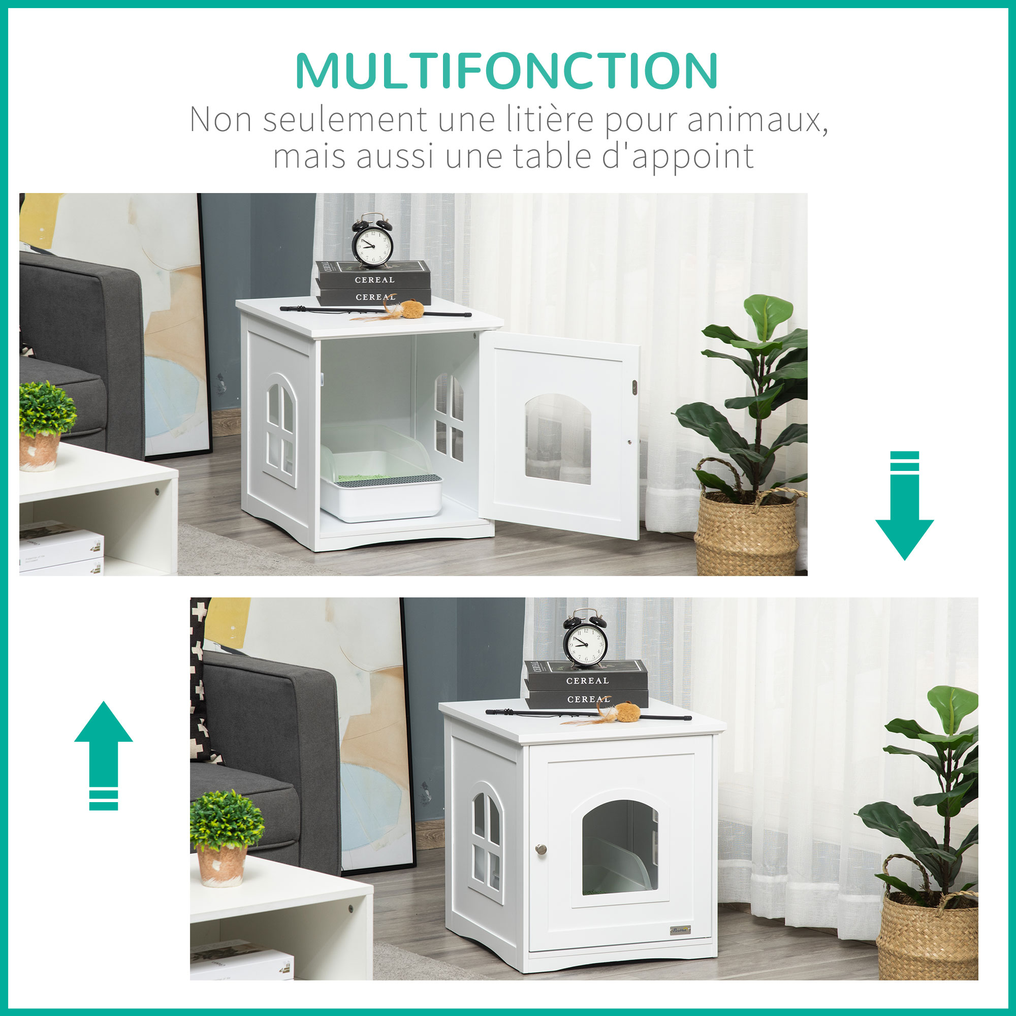 Maison de toilette pour chat design maisonnette avec porte, fenêtres blanc