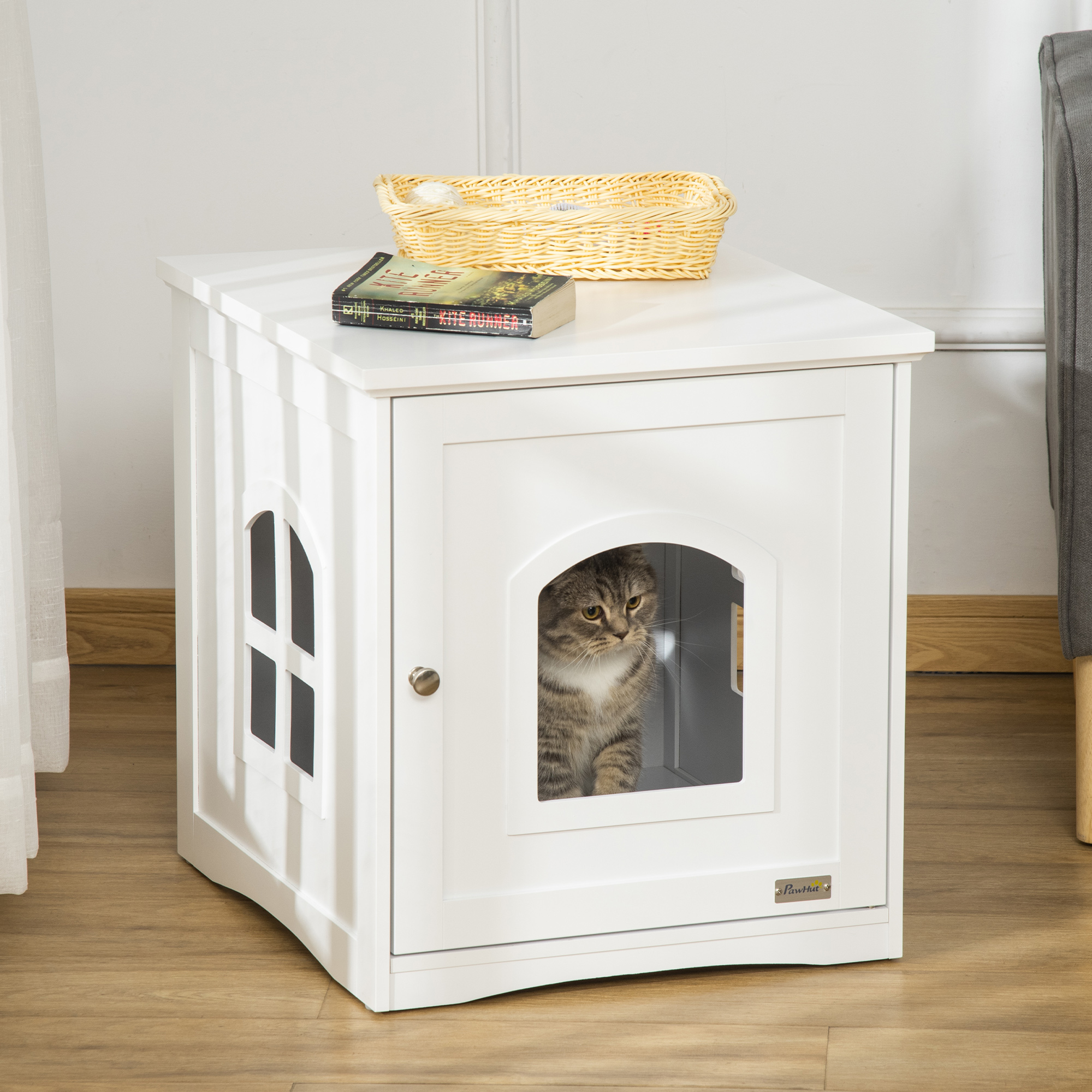 Maison de toilette pour chat design maisonnette avec porte, fenêtres blanc