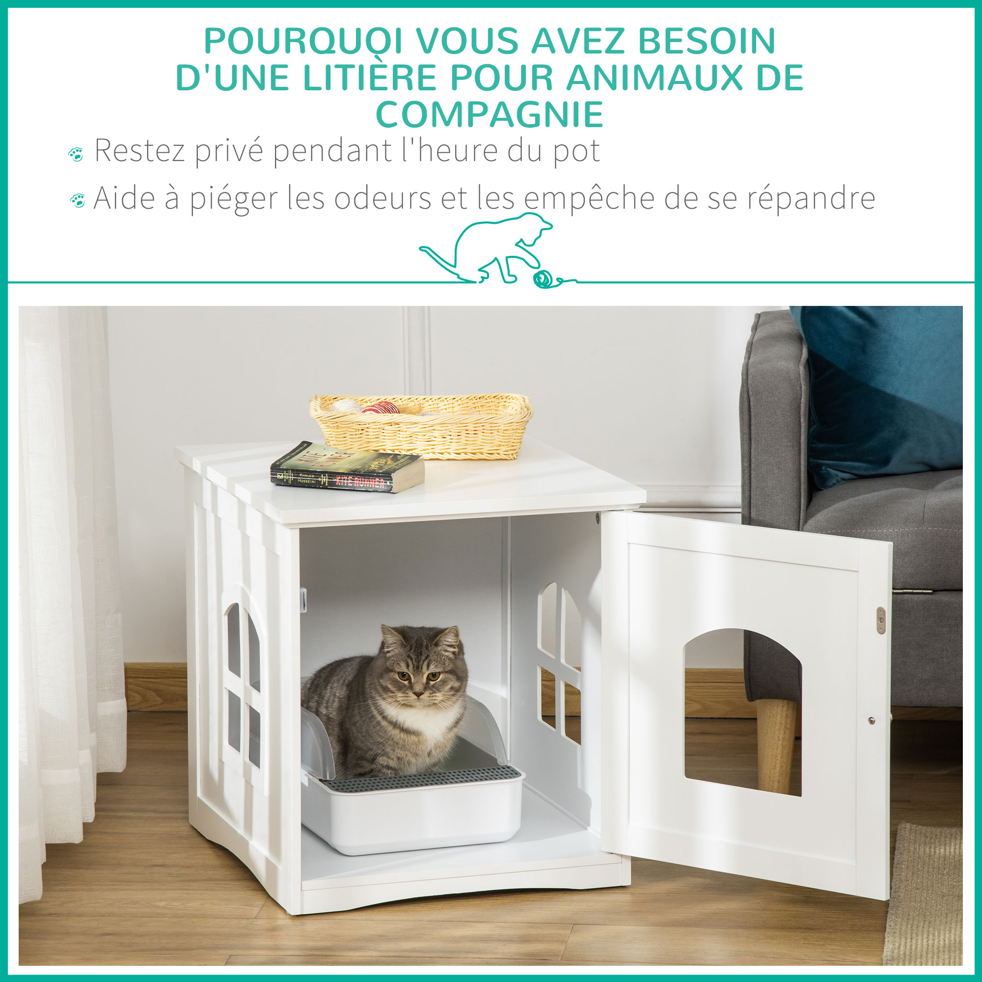 Maison de toilette pour chat design maisonnette avec porte, fenêtres blanc