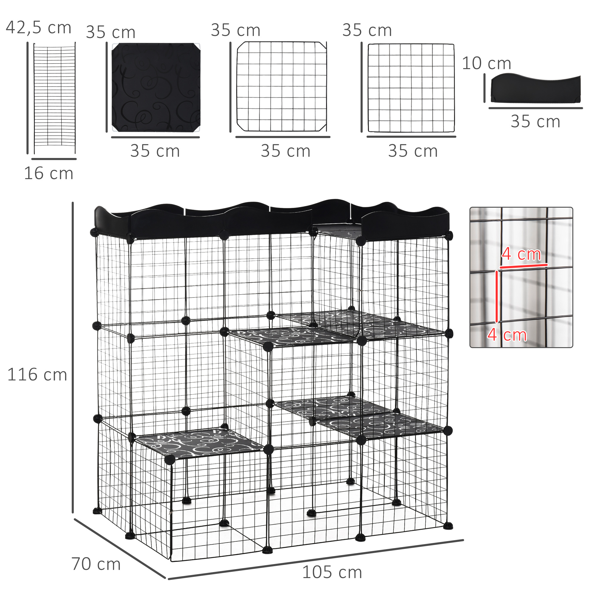 Cage parc enclos chat modulable 3 niveaux 2 portes métal noir