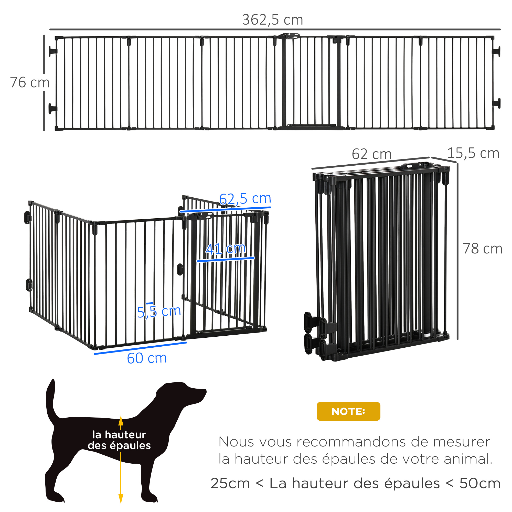 Barrière de sécurité parc enclos chien modulable pliable porte acier noir