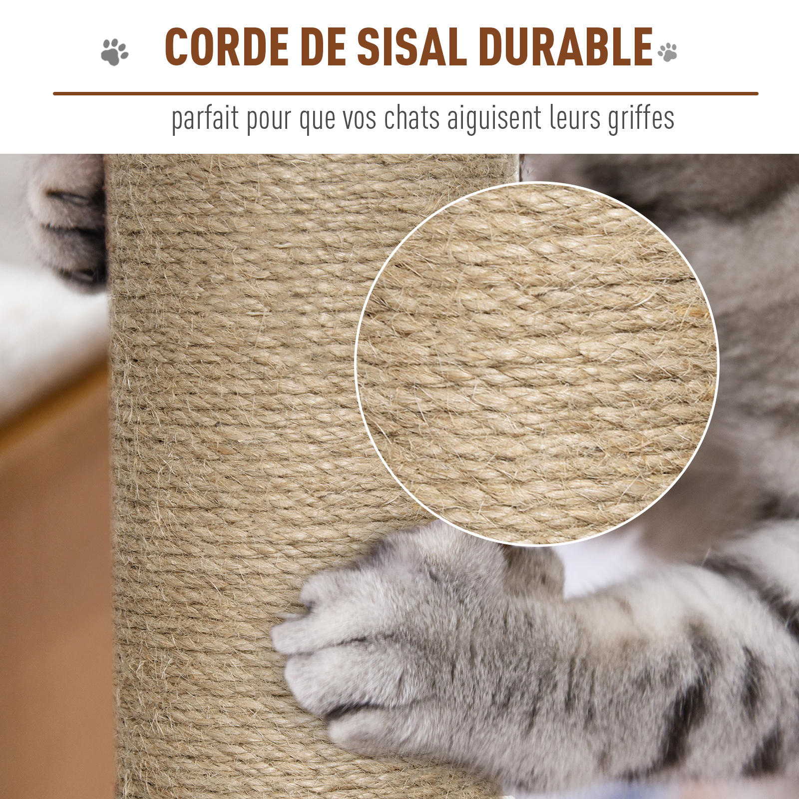 Arbre à chats design griffoirs sisal naturel niche plate-formes 6 coussins MDF bois gris