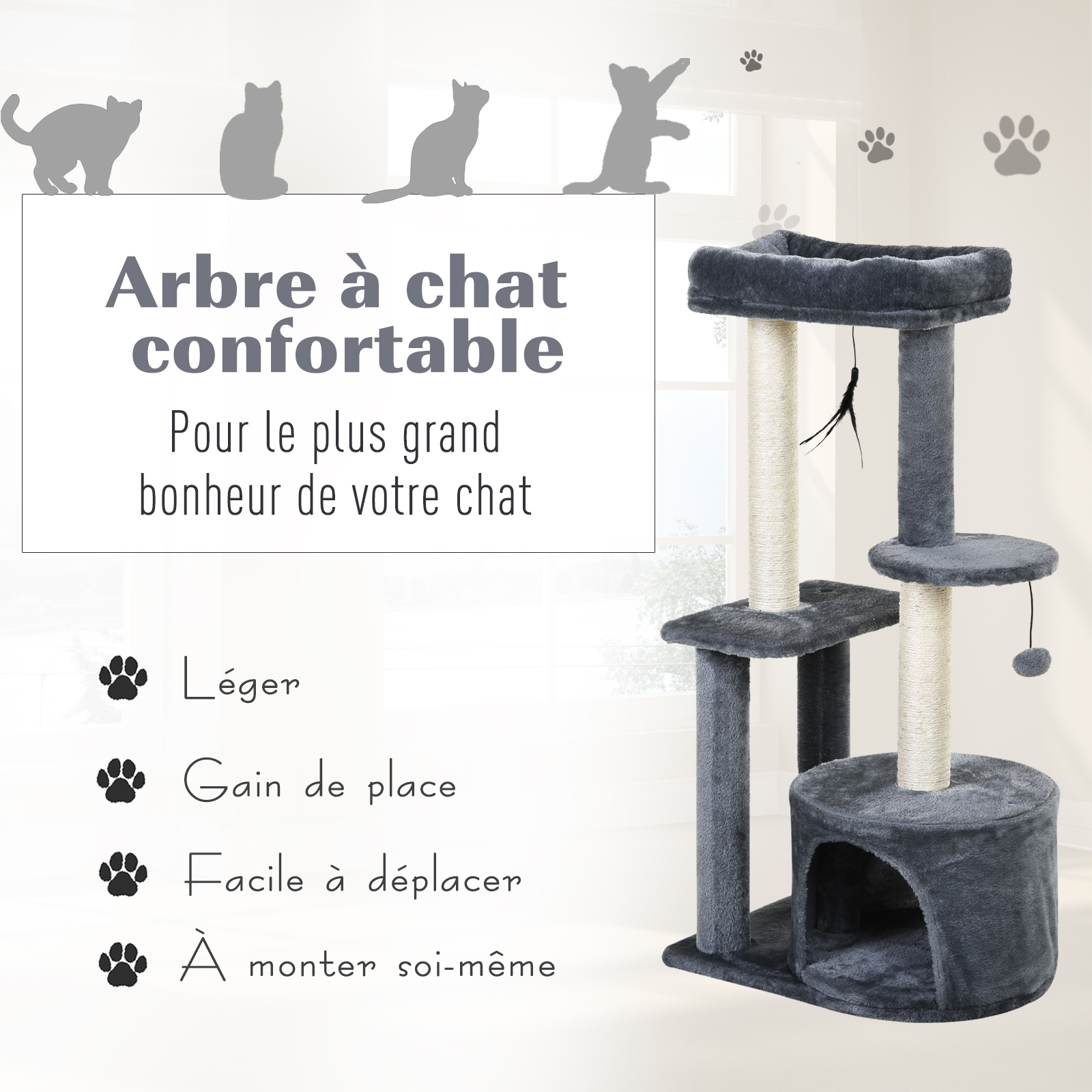 Arbre à chats griffoirs centre d'activités 2 jouets suspendus gris