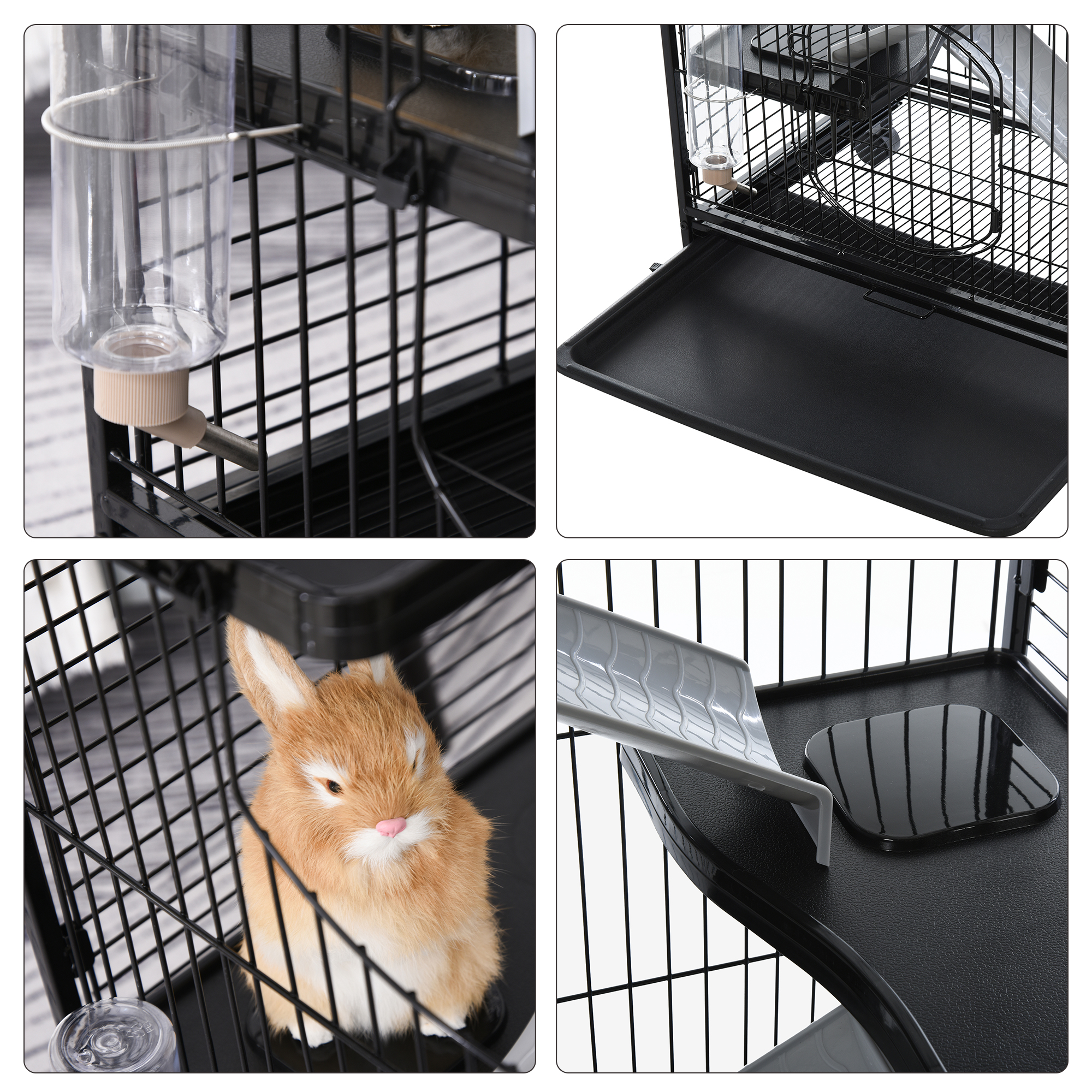 Cage pour Petits Animaux Roulante Bac Inférieur Amovible Nombreux Accessoires Acier PP Noire